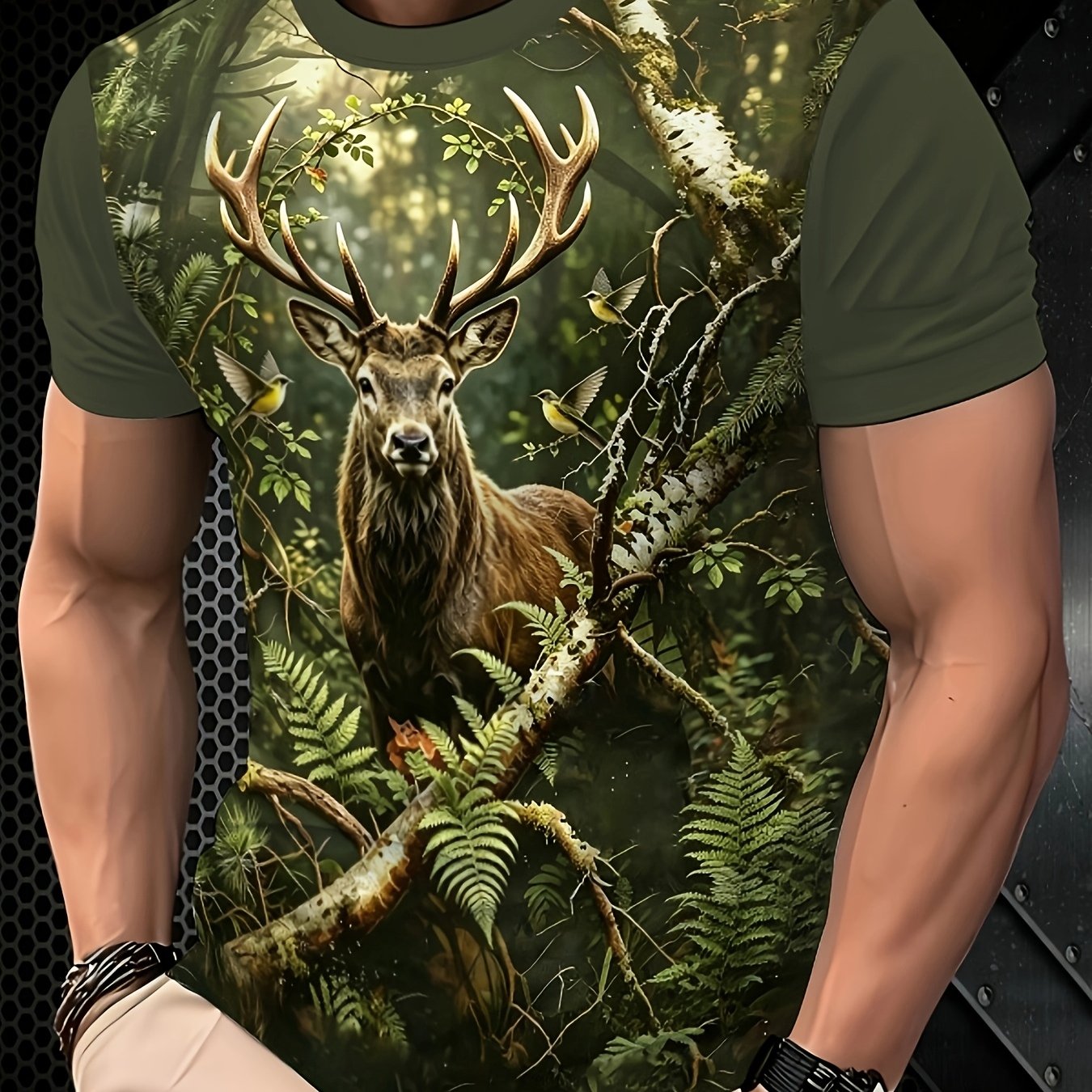 TEMU [printed Design- Not Textured] Large Size Men's Short-sleeve T-shirt Forest Deer Pattern, Extra-large Loose Fit, Round Neck Casual Summer