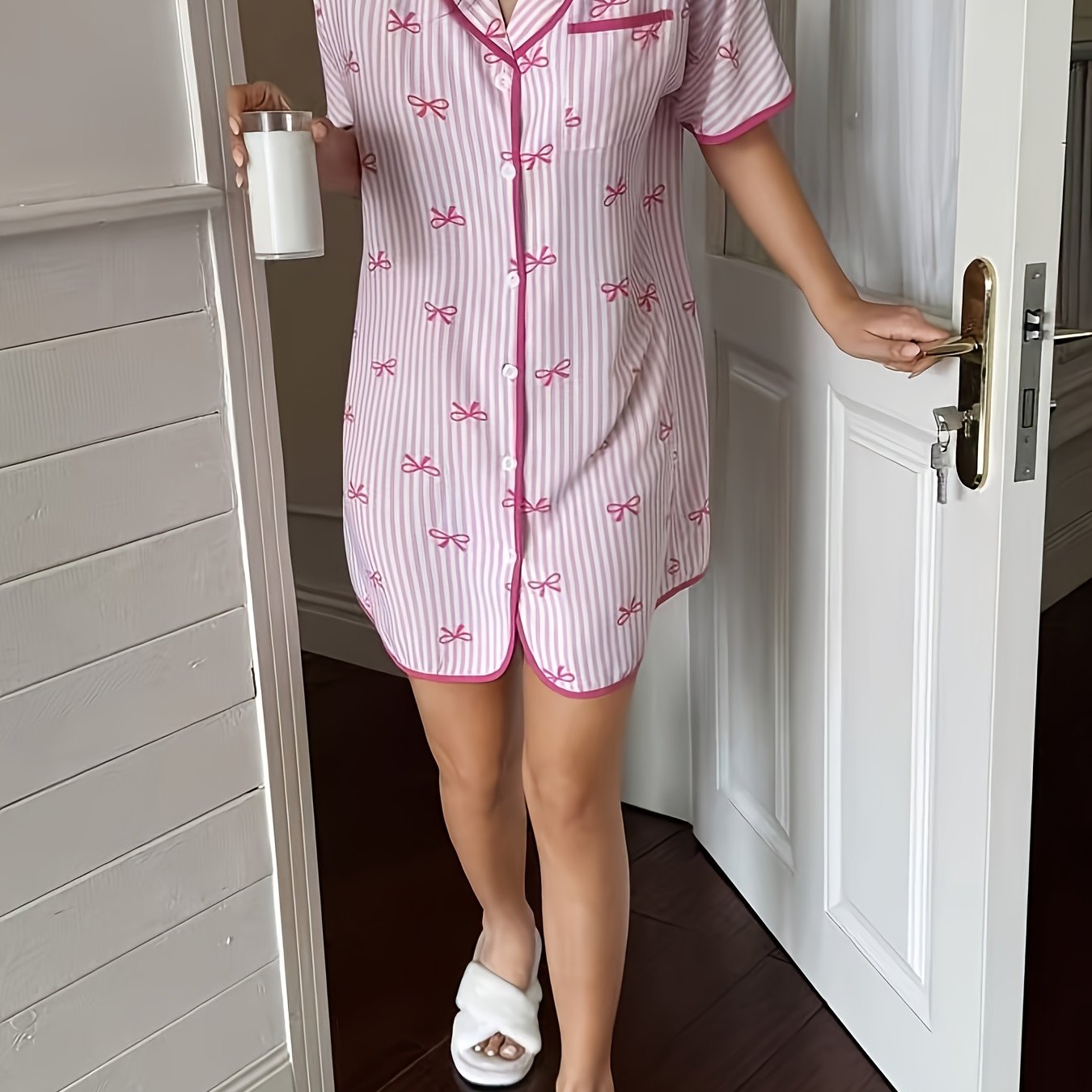 TEMU 반팔 핑크 리본 패턴 원단 원피스, 라운드 칼라 및 앞면 버튼 디자인, 캐주얼 웨어에 적합, 여성 스타일