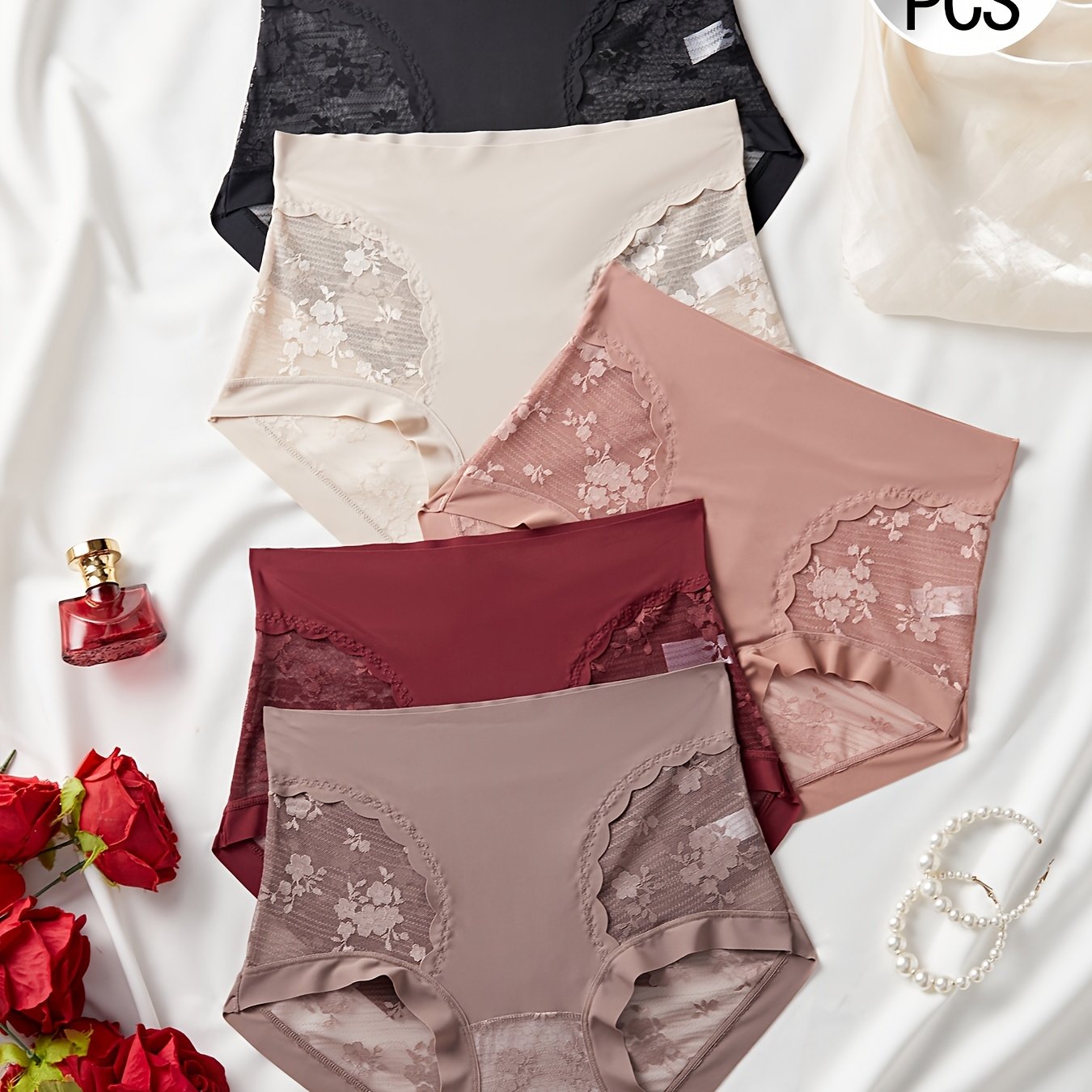 TEMU 5pcs Sexy Lace High-waist Panties For Women, Tummy Control, Breathable, Comfortable, And Stretchy, Gorgeous Semi-sheer Women's Underwear