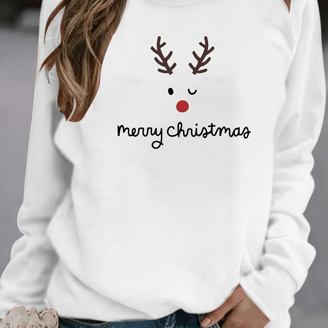 TEMU Women's 100% Long Sleeve T-shirt, Merry Christmas Reindeer Face Print Crew Neck Casual Tee, Soft Breathable Loose Fit Holiday Graphic Pullover