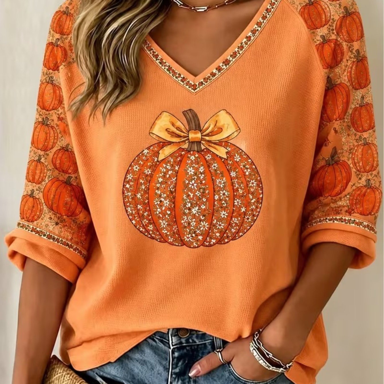 TEMU Women Cozy -neck 3/4 Sleeve T-shirt Casual Loose Top Autumn Thanksgiving Floral Pumpkin Bow Graphic Printed Tee High Recommended Fall Wear