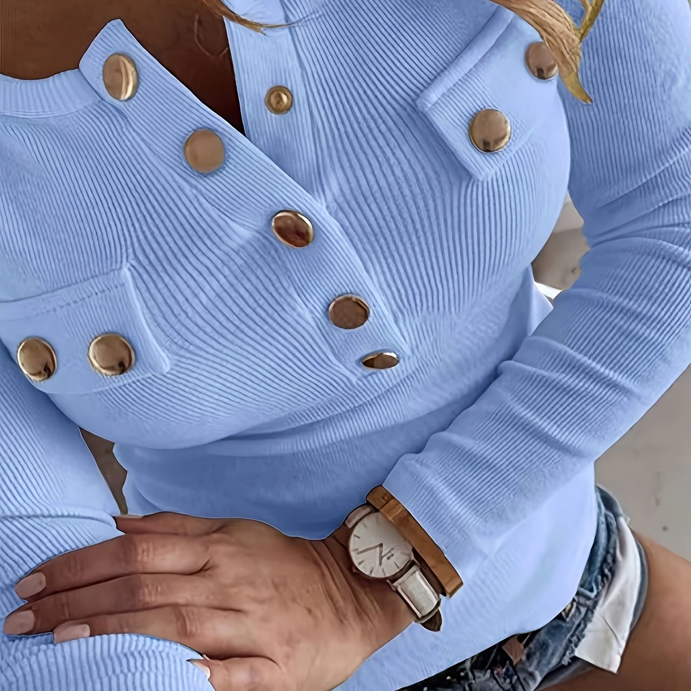 TEMU Plus Size, Cross-border Fashion Spring/summer New Plus-size Ribbed Long-sleeve Top With Metal Detail