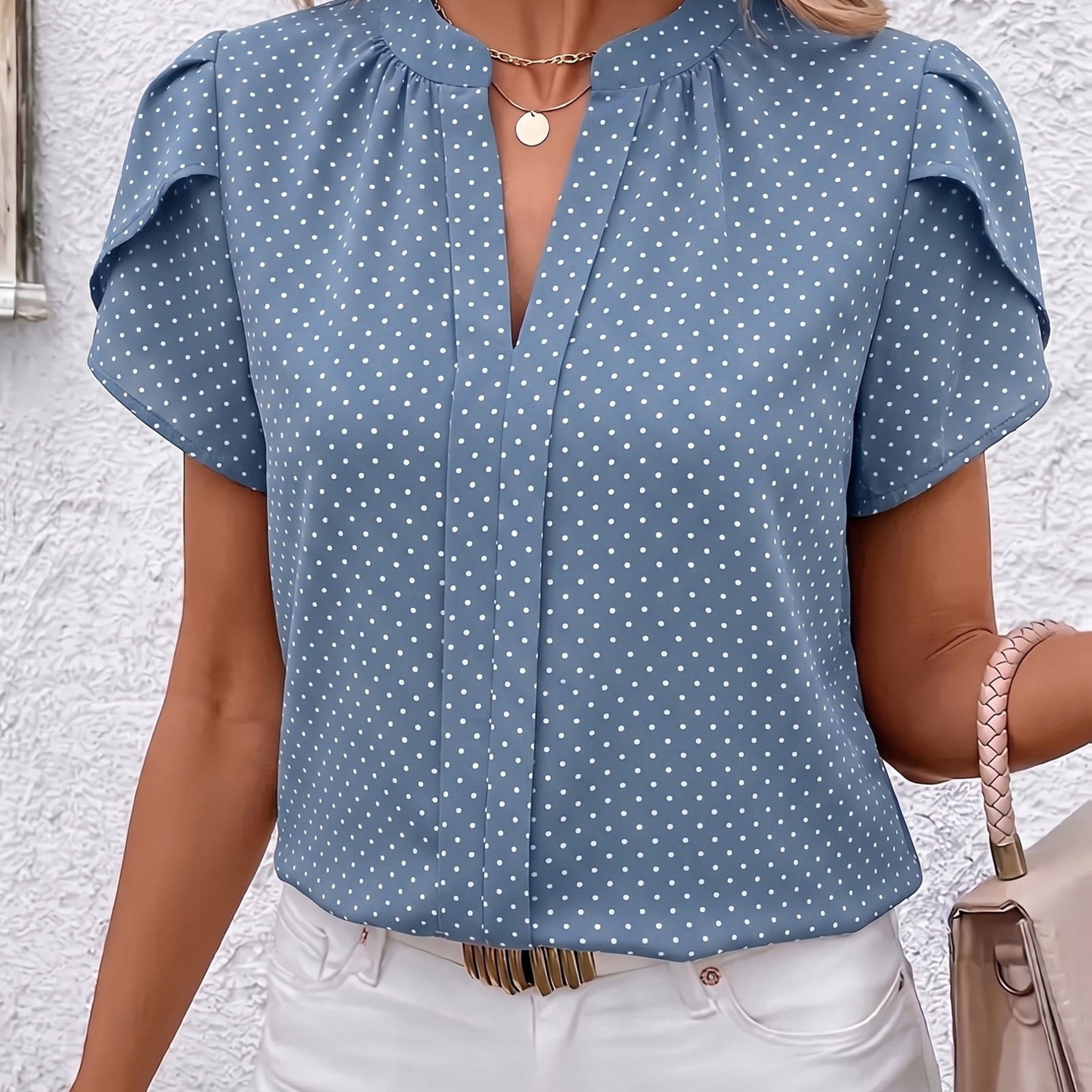 TEMU Elegant Petal Sleeve Polka Dot Print Notched V-neck Women's Blouse