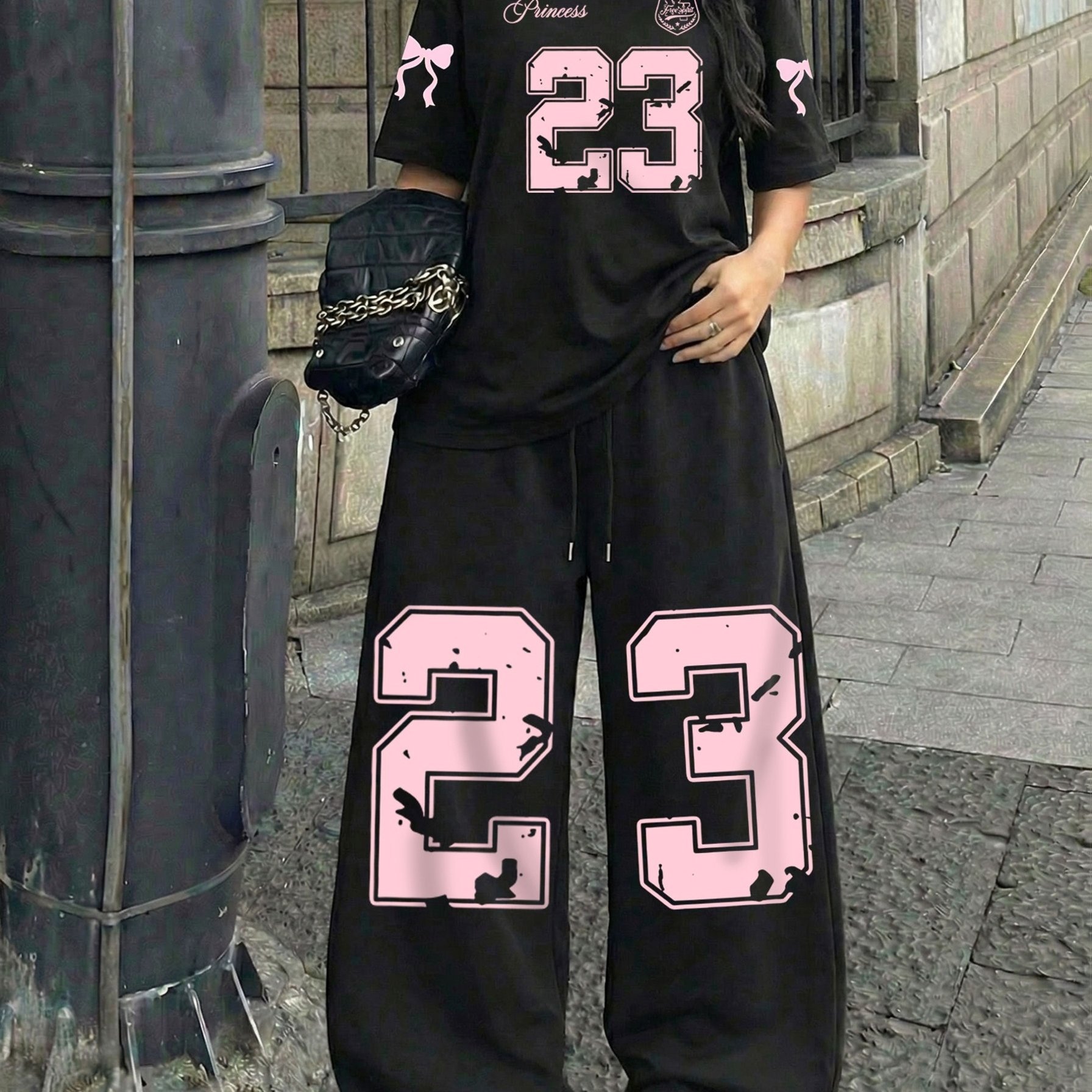 TEMU Women's Casual Streetwear Trendy Bowknot No. 23 Print Crew Neck Short Sleeve Top And Loose Drawstring Long Pants 2pcs Set, Women's Fashion