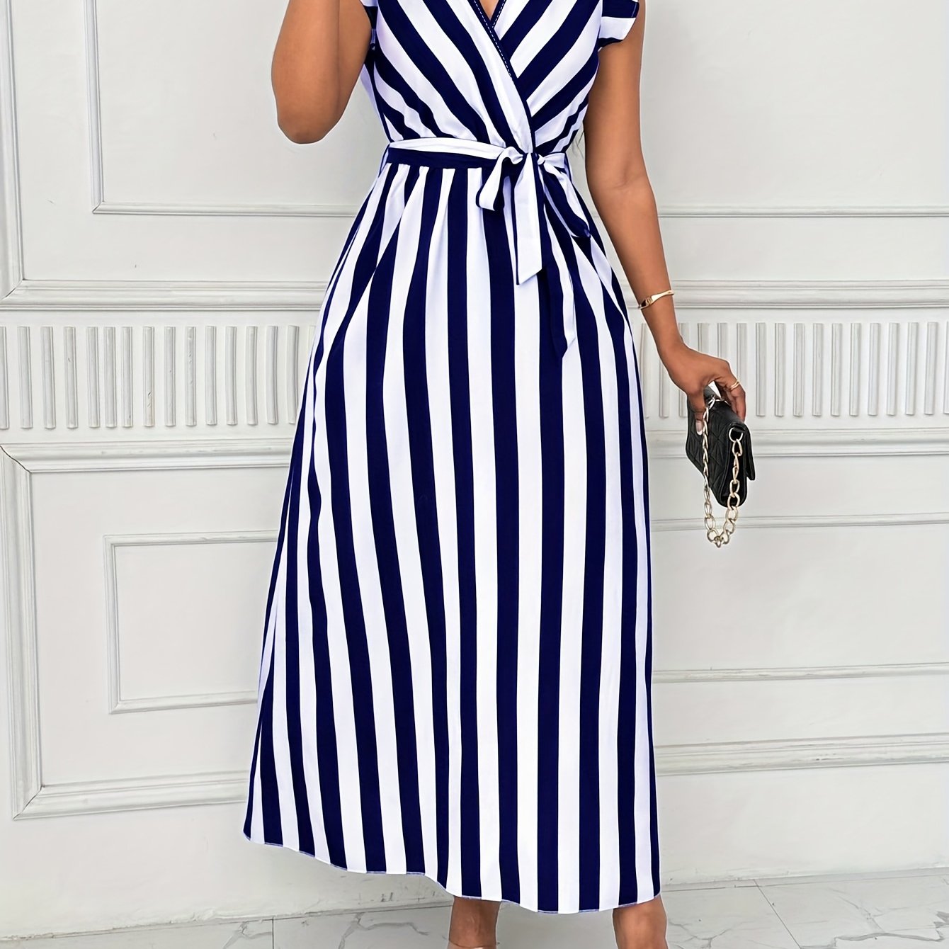 TEMU Women's Striped Dress With Lotus Leaf Sleeves
