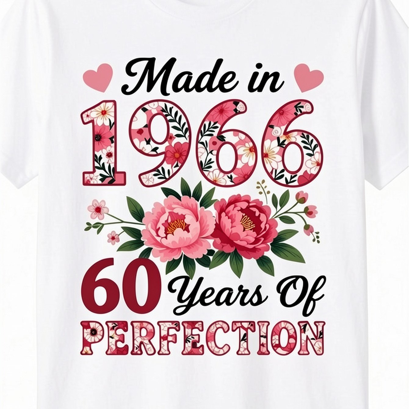 Image of 60 Years Old Made In 1966 60th Birthday Floral Women T-shirt - Crew Neck Design - 100% Cotton - Comfortable Fabric - Suitable For Casual Attire, Casual And Stylish T-shirt - Men's Summer T-shirt