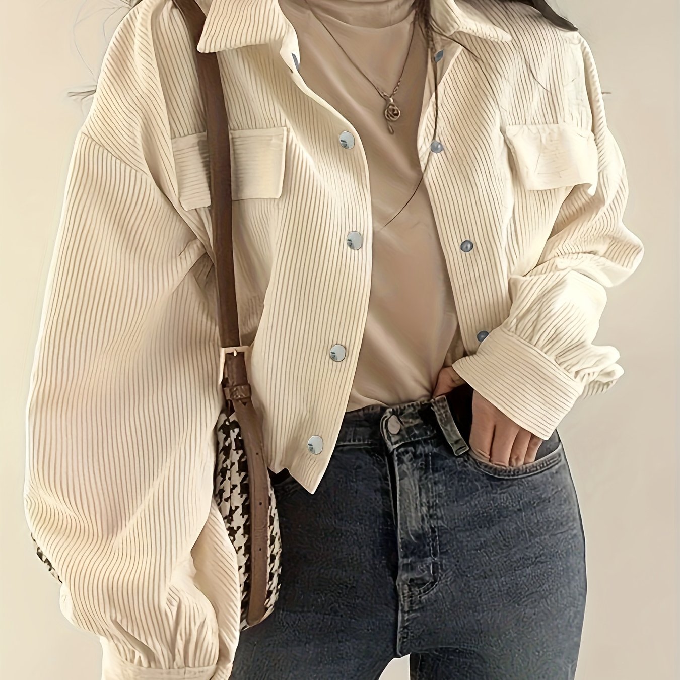 E-shop Drop-Shoulder Langarm-Jacke in Unifarben, Casual Revers Einreihiger Mantel mit Klappentaschen, Damenbekleidung