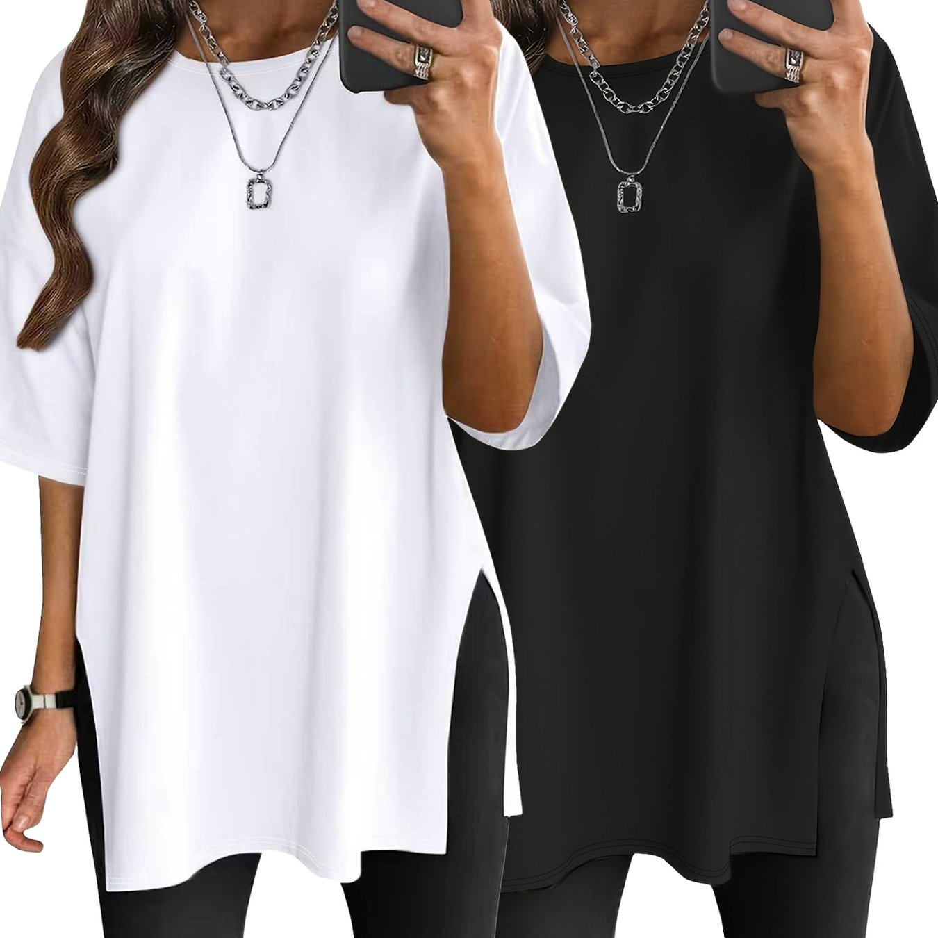 E-shop 2er-Set, Damenmode Frühling/Sommer Neuheit, locker geschnittenes T-Shirt mit Seitenschlitz, einfarbiges Freizeit-Top mit Rundhalsausschnitt