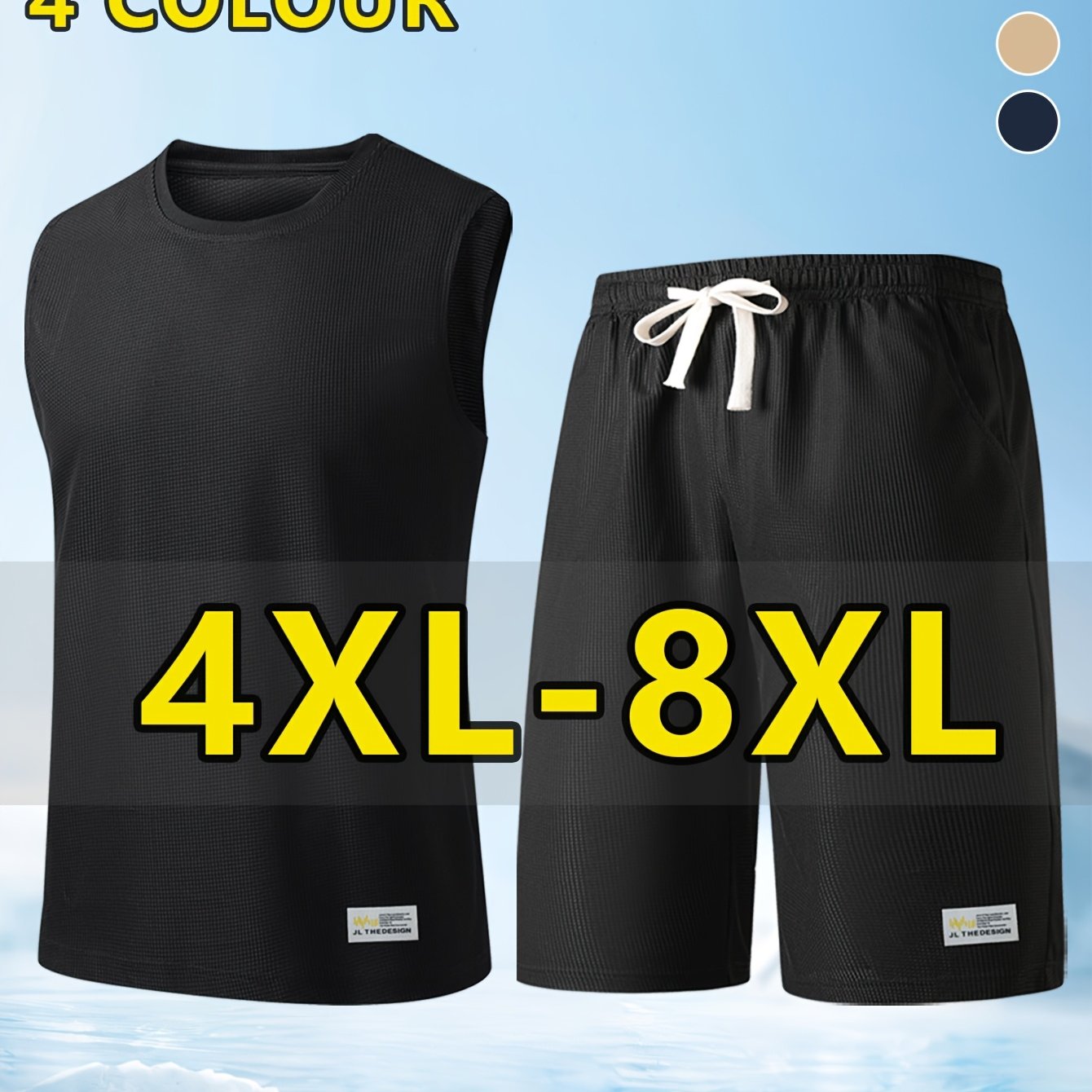 TEMU [4xl-8xl]super Oversized Men's Summer Tank Top Set - Widened And Enlarged Waffle Tank Top - Adjustable Drawstring Shorts - Essential Sportswear