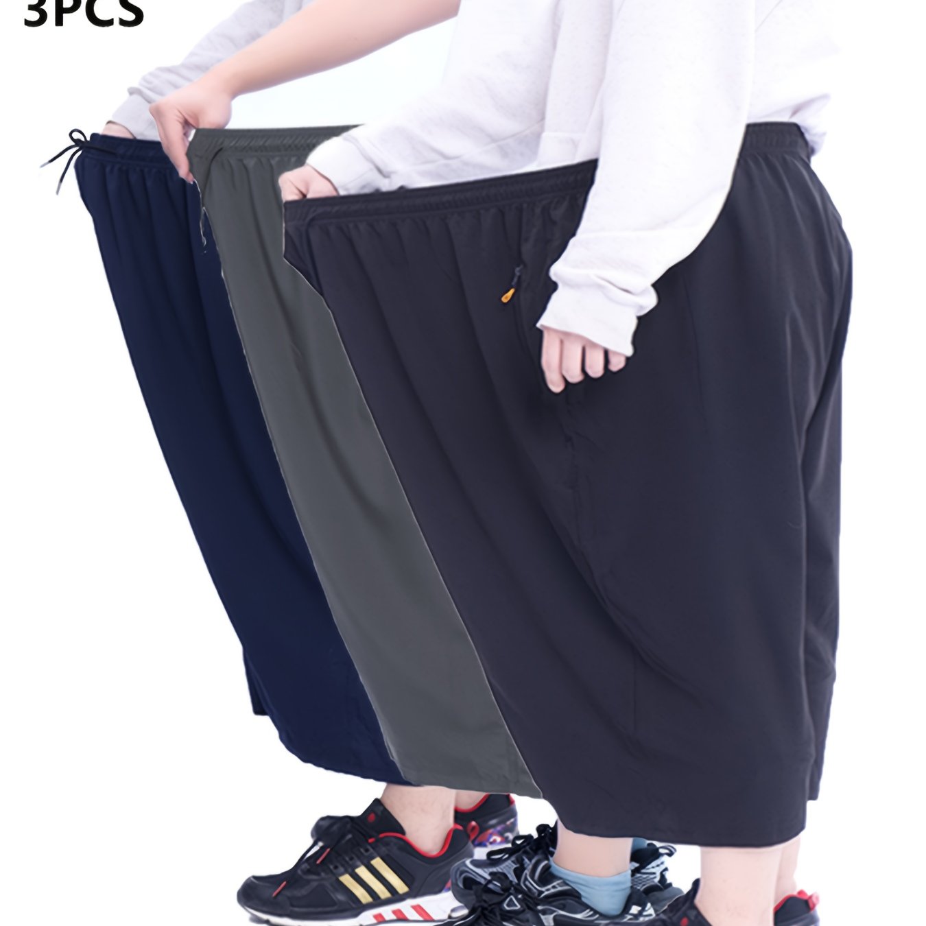 3pcs Plus Size Men's Shorts, Quick-dry Breathable With Drawstring Waistband And Zippered Pockets, Ideal For Casual Outdoor Activities, Fitness, Cycling, And Daily Wear, Casual Outdoor Summer Apparel