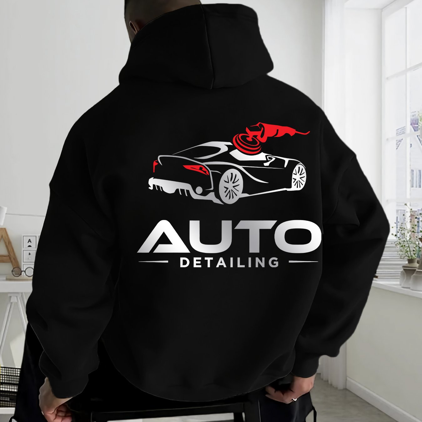 TEMU Men's Hoodie - Red Automotive Graphic Sweatshirt, Auto Detailing Text & Back Print, Casual Pullover Hoodie For Car Enthusiasts & Detailing