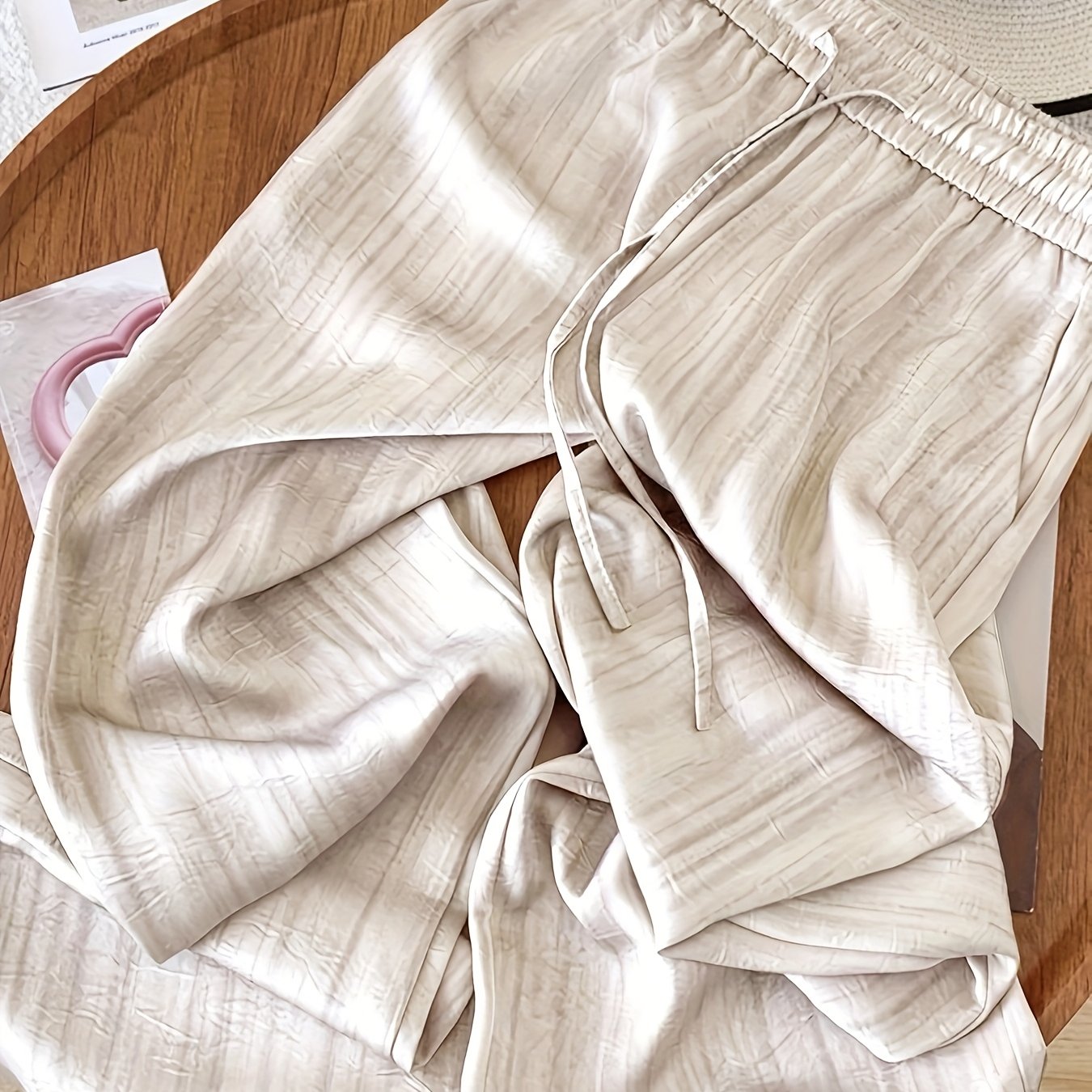 Image of [size For Regular Fit] Women's Elegant Elastic Waist Pants With Pockets, Comfortable Drape, Fabric Acetate Wide-leg Straight-leg Satin Trousers