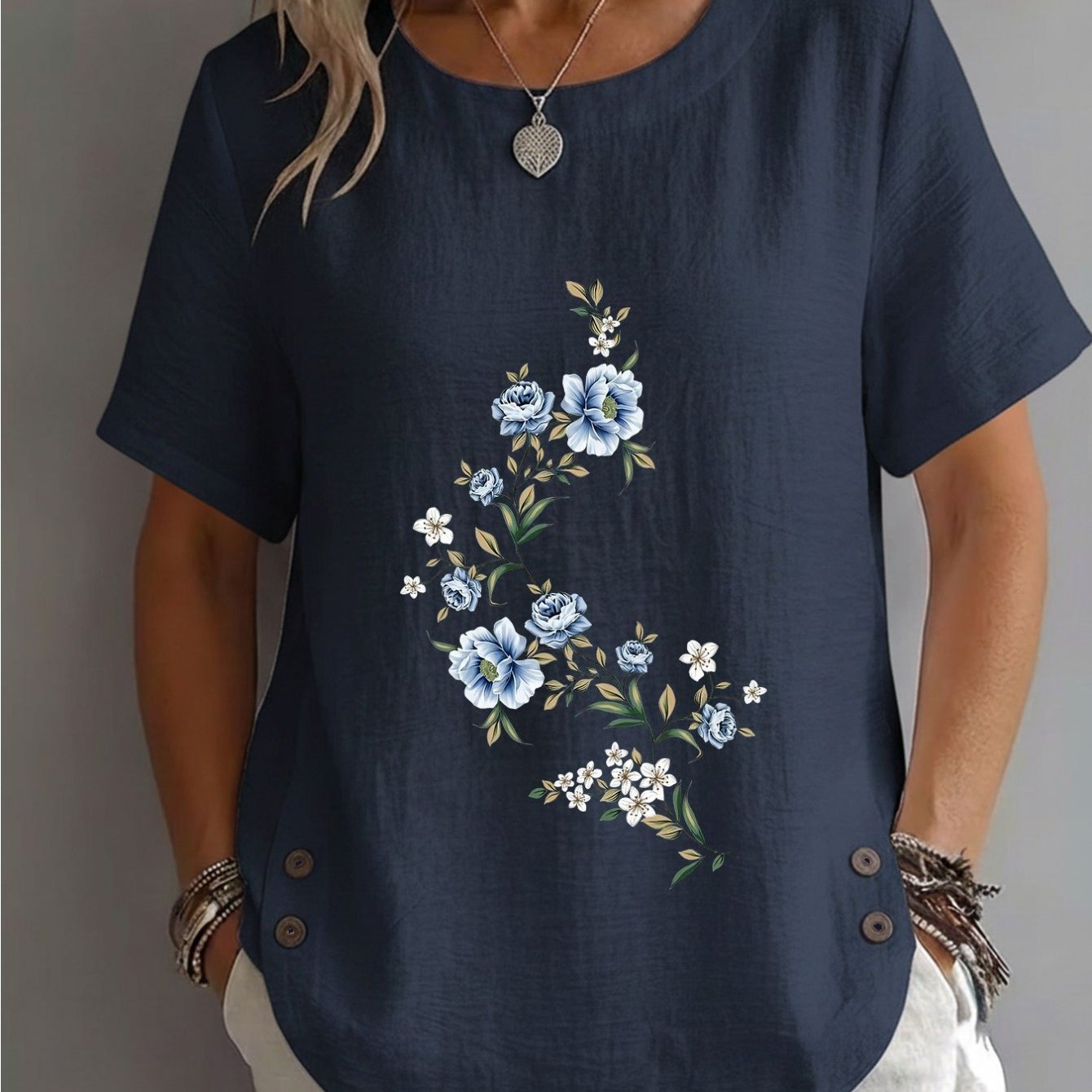 TEMU Spring/summer Women's Top, Elegant Style, Floral And Leaf Print, , Mature, Casual, Round Neck, Short Sleeve, Women's Clothing