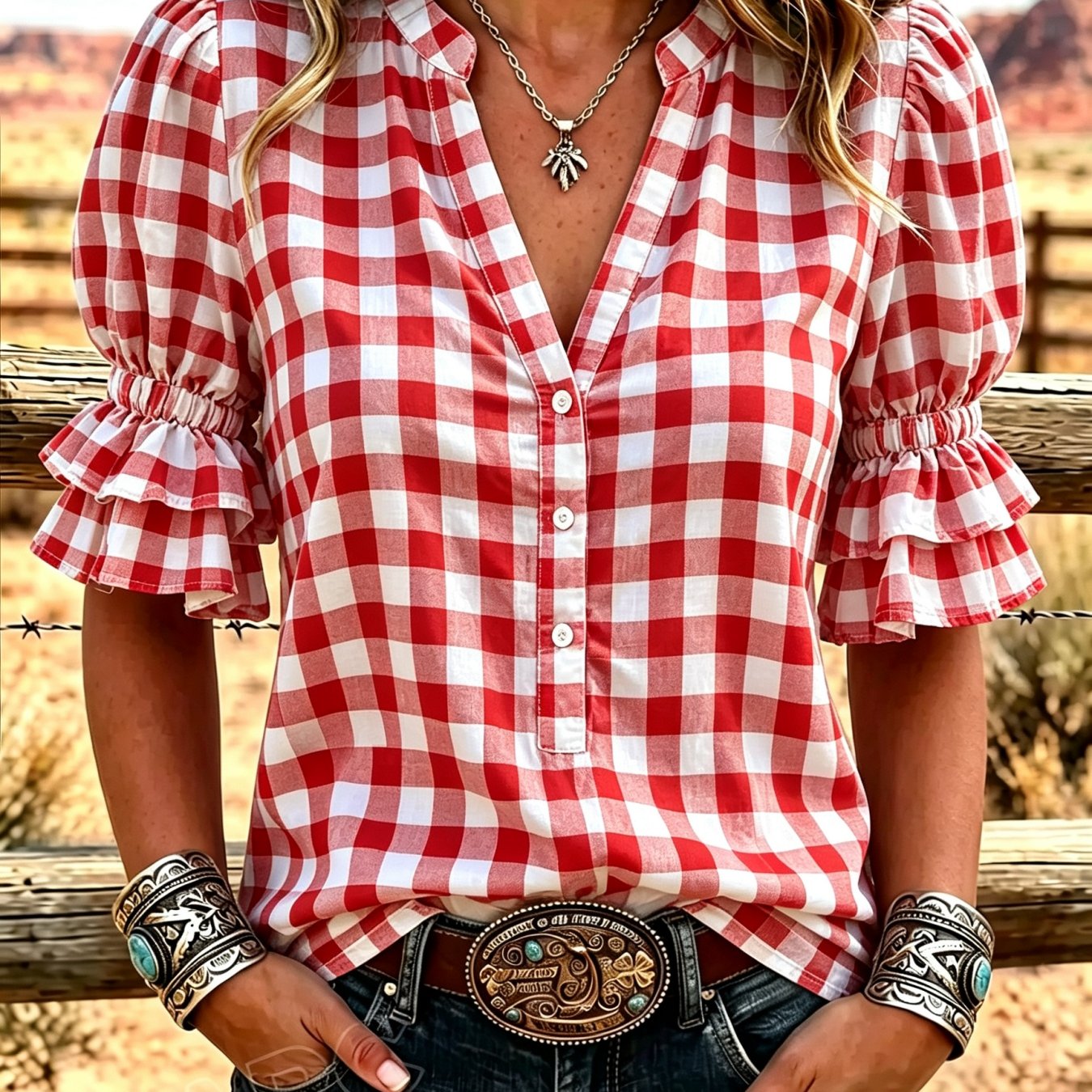 Image of Women's Summer V-neck Partial Button Blouse Red Checkered Pattern Print Puff Sleeves With Cuffs Elegant Casual Machine Washable Suitable For Daily Wear Party Gatherings Perfect Gift