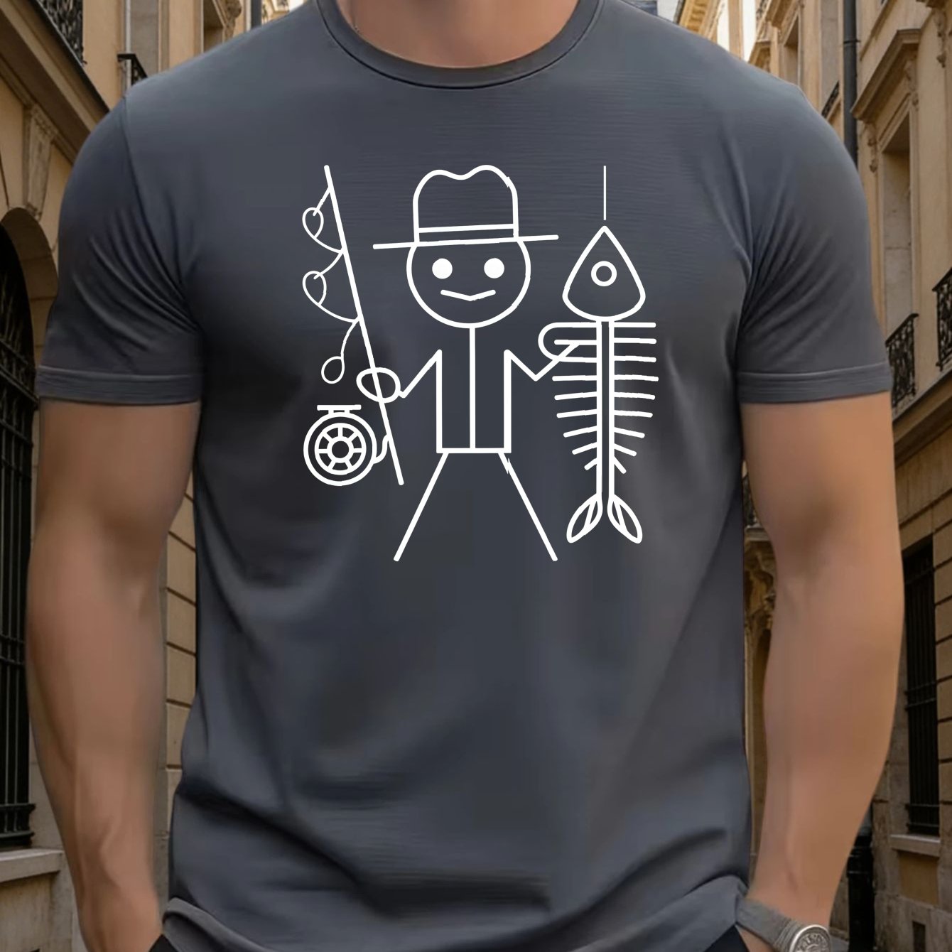 TEMU Men' Fishing Graphic T-shirt - Fisherman & Fish Skeleton Print, Casual Round Neck Summer Outdoor Wear Suitable For , Everyday Use, Hand Washable