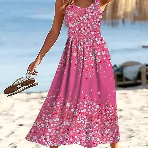 womens lightweight floral print sleeveless maxi dress pink with white flowers polyester blend spring summer fall cute summer dresses