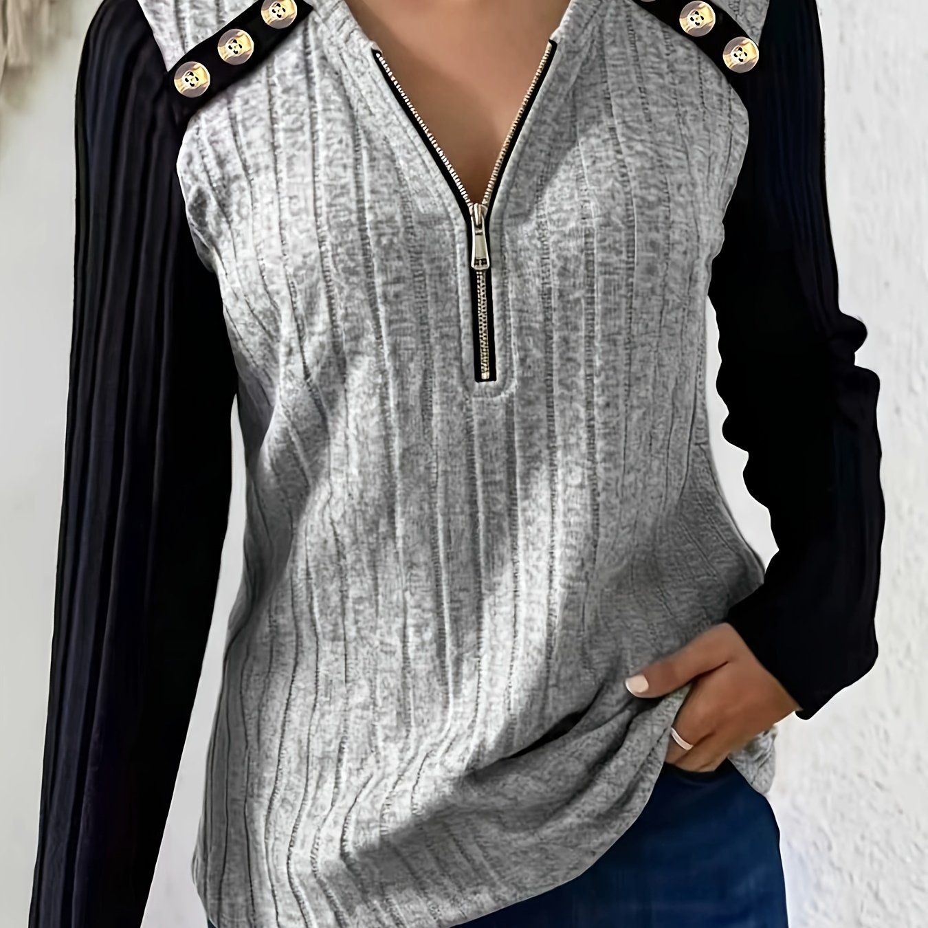 TEMU T-shirt à manches longues patchwork pour femmes, haut de jour à col en V zippé, tendance et polyvalent