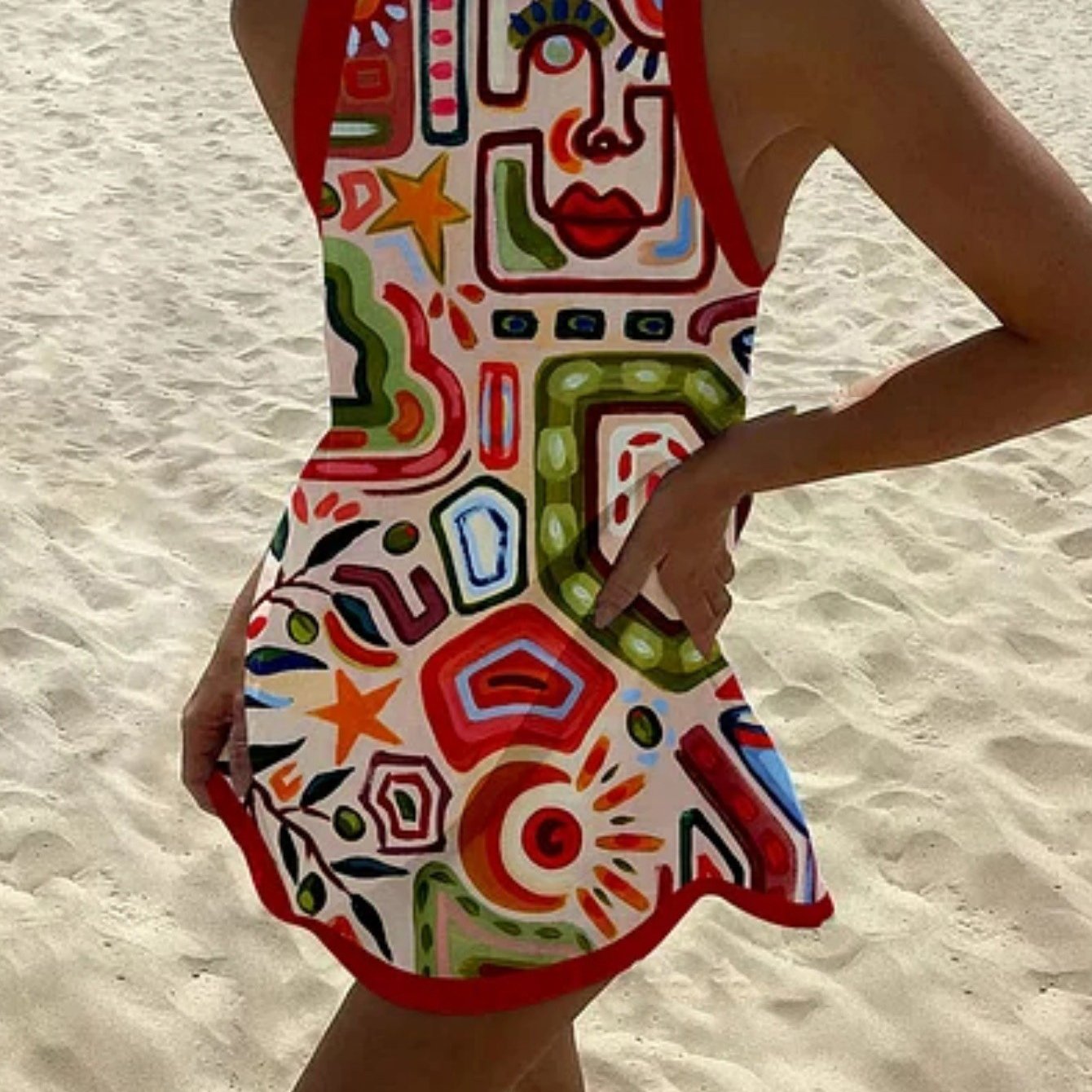 Image of Plus Size - Plus-size Casual Sleeveless Dress For Women. Retro Tribal Style Abstract Print, Contrasting Trim, Loose Sleeveless Design For A /everyday Look