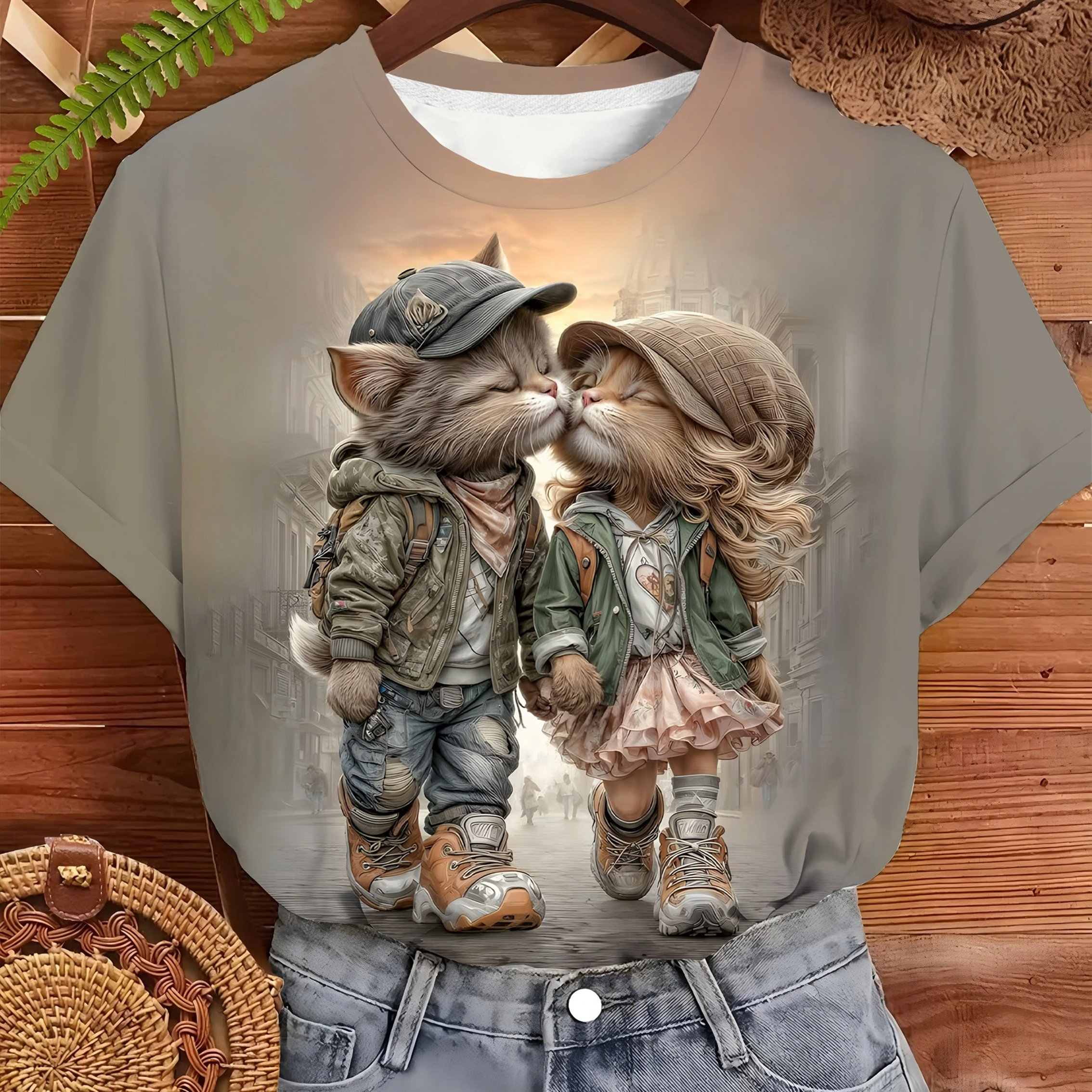 Image of Romantic Couple Cat Print T-shirt, Trendy And Cute , Trendy And Cool Couple Cats, Comfortable Fabric