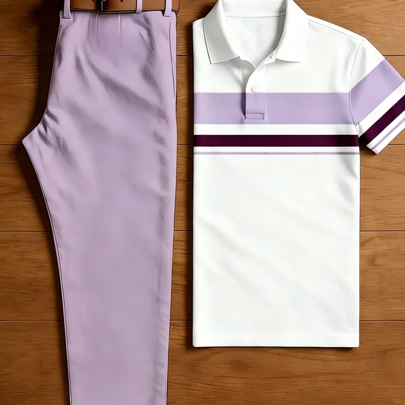 Men's 2pcs Outfit Set, Lavender Purple Thin Layer Stripe White And Purple Straight Leg Pants, Fresh Vacation Soft Co-ord