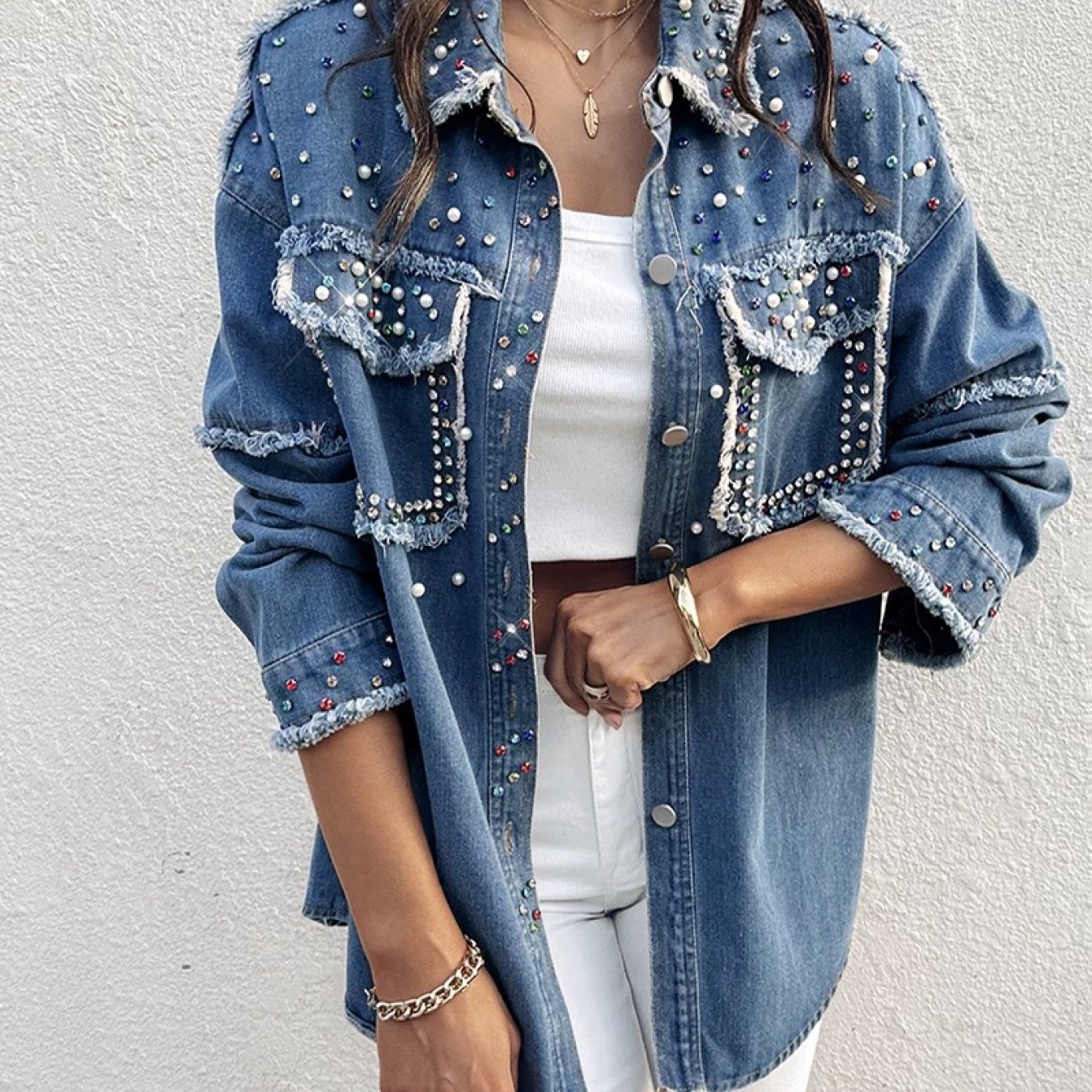 Image of Denim Blouse For Women, With Full-length Pearl And Colored Diamond Decorations, Loose Blouse Style, Metal Buttons, Retro And Luxurious Look, Suitable For All Body Types And Versatile Top.