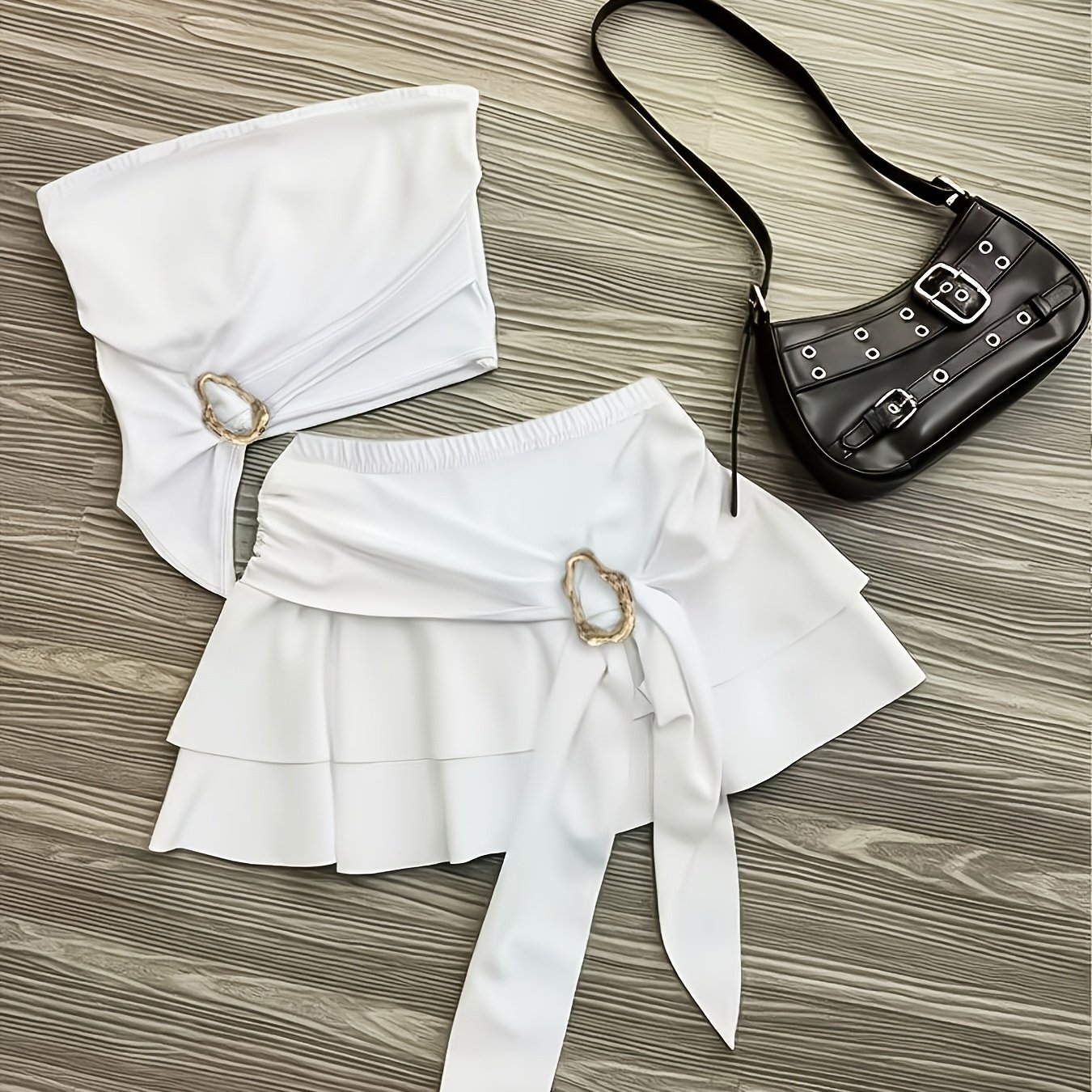 TEMU Summer Solid Color Set: Irregular Neckline Camisole Tank Top + Layered Cake Skirt 2pcs Set