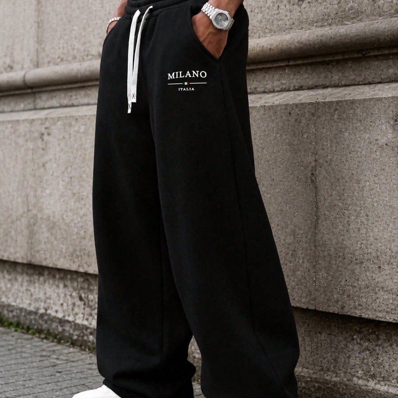 TEMU Letter Drawstring Wide-leg Sweatpants, Casual Loose Drapey All-match Floor-length Straight Trousers