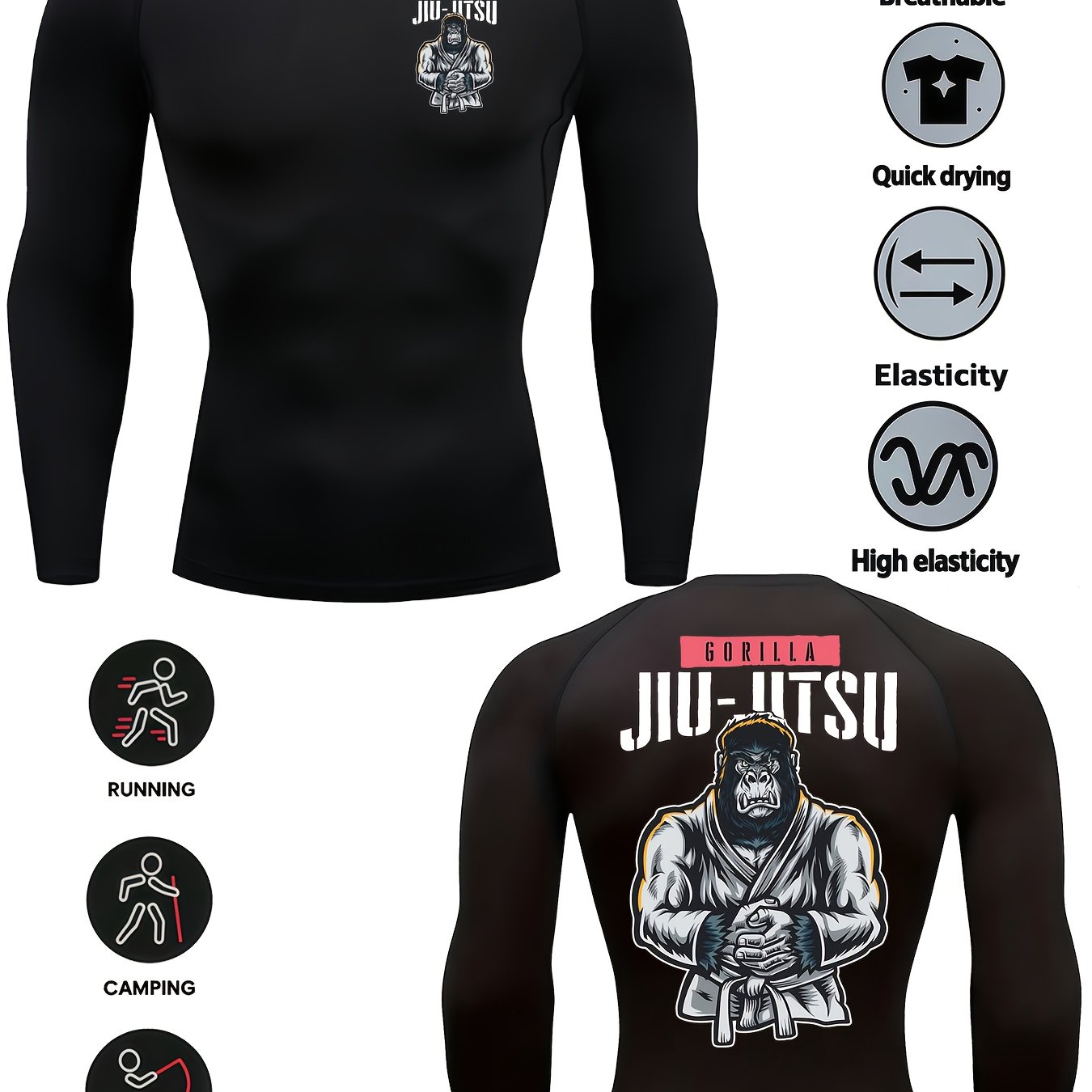 TEMU Un haut de compression de sport à manches longues pour homme, avec un col rond et un t-shirt imprimé , fabriqué en tissu tricoté extensible et ,
