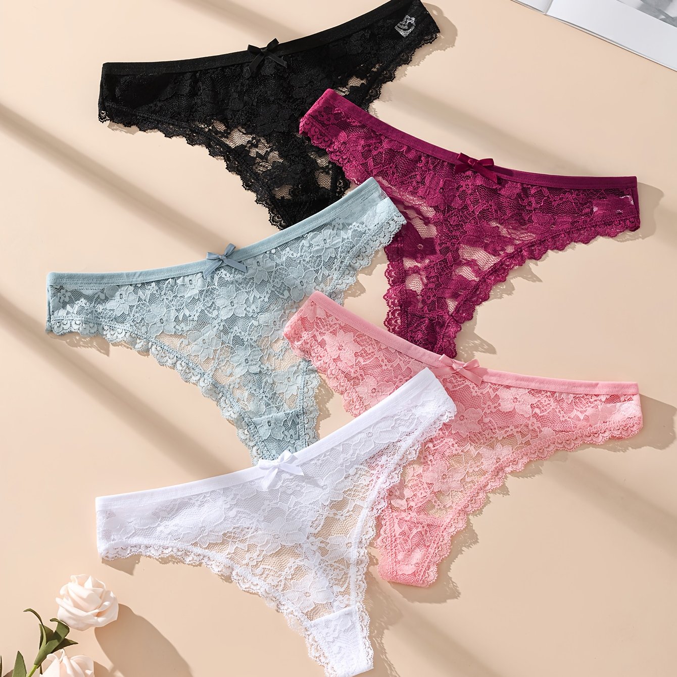 TEMU 5 Sexy Low Waisted Lace Breathable Women's Underwear, Fashionable Multi Color Mixed Bag Suitable For Daily Wear And Beach Travel Women's