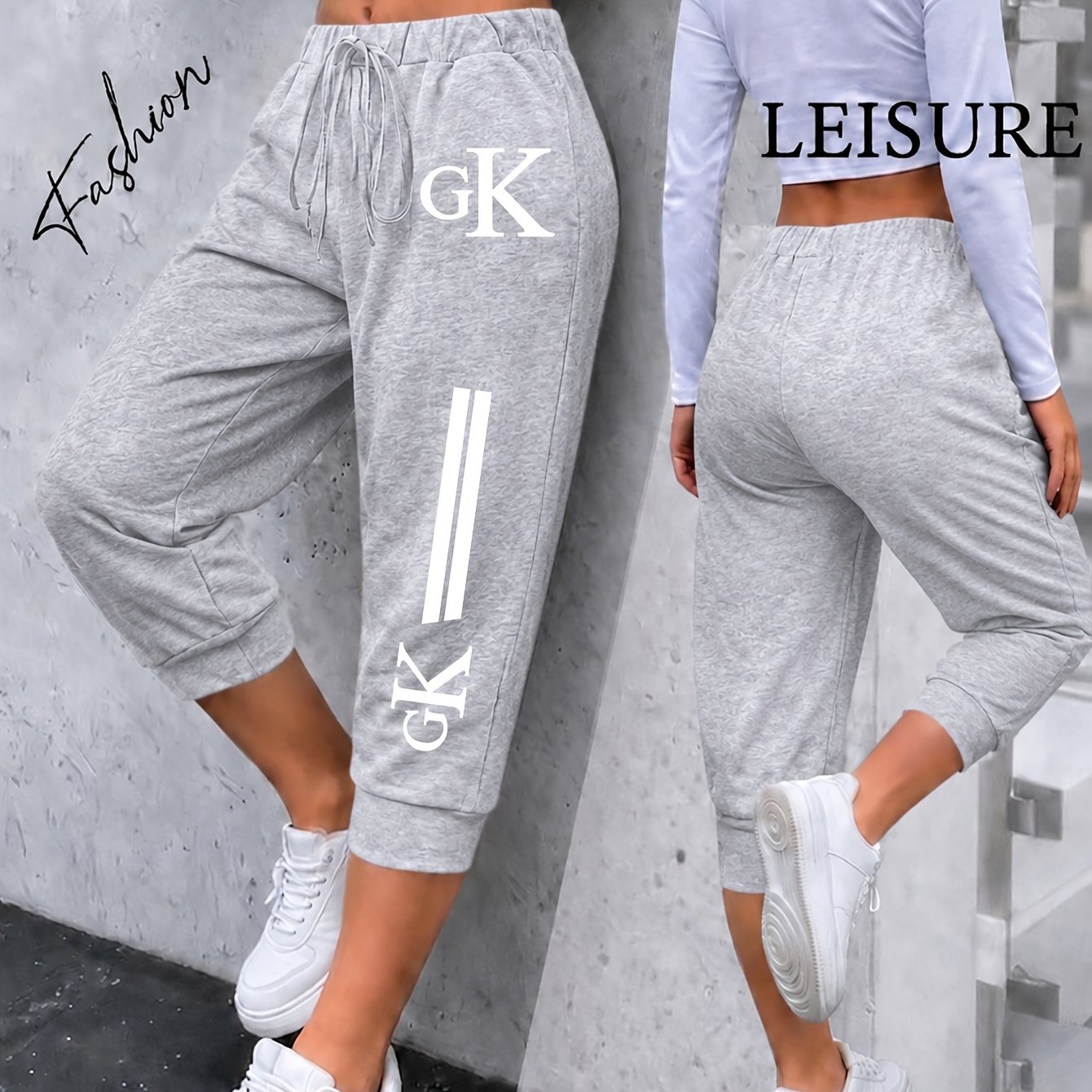 TEMU Plus Size - New Women's Plus Size 3/4 Length Wide-leg Harem Pants, Loose Casual Elastic Waist Mid-length Trousers With Print, Home Vacation