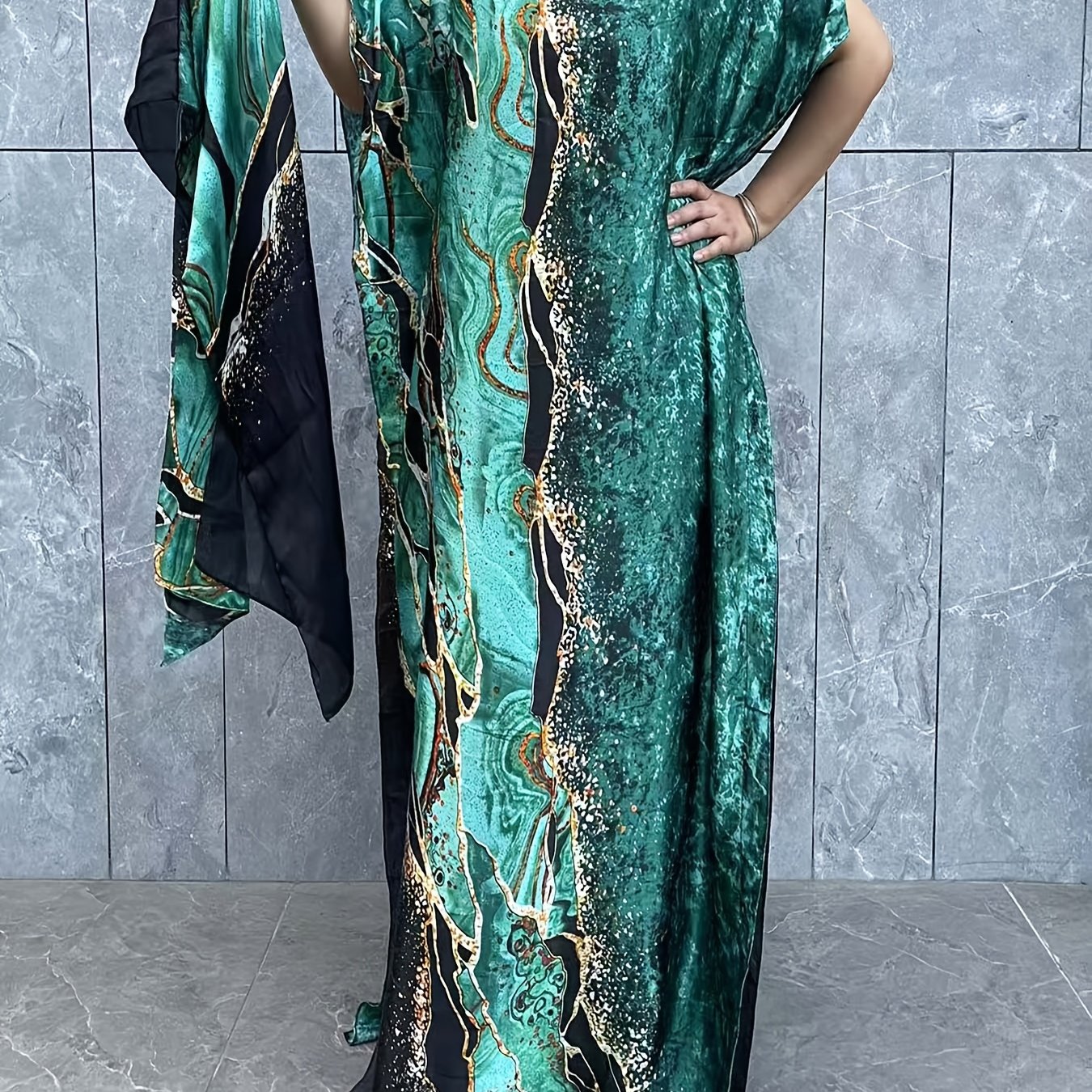 E-shop Plus-Size-Langkleid mit Blumenmuster, Elegantes Kurzarm-Kleid mit Rundhalsausschnitt und Schal für Frühling & Sommer, Damenmode