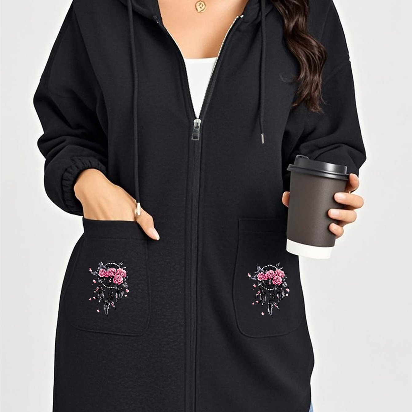 TEMU Women's Fashion Long Sleeve Hooded Jacket With Zipper And U-shaped Pockets, "pink Rose Black " Print Design, Casual Versatile Style, Practical