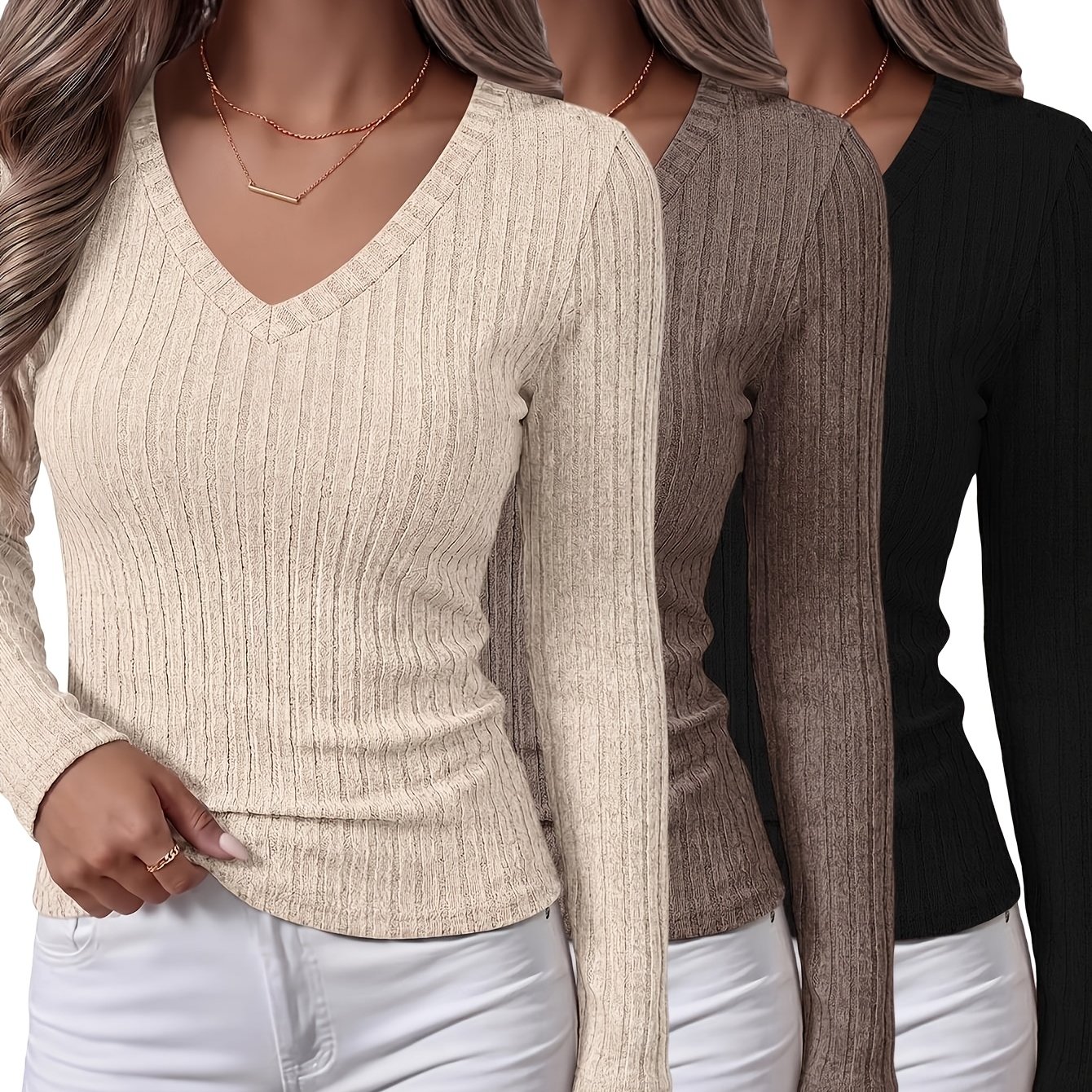 TEMU [jydx] 3pcs Women's Ribbed Fit Long Sleeve V-neck T-shirt Solid Basic Casual Base Layer Sweater Fall V Pack