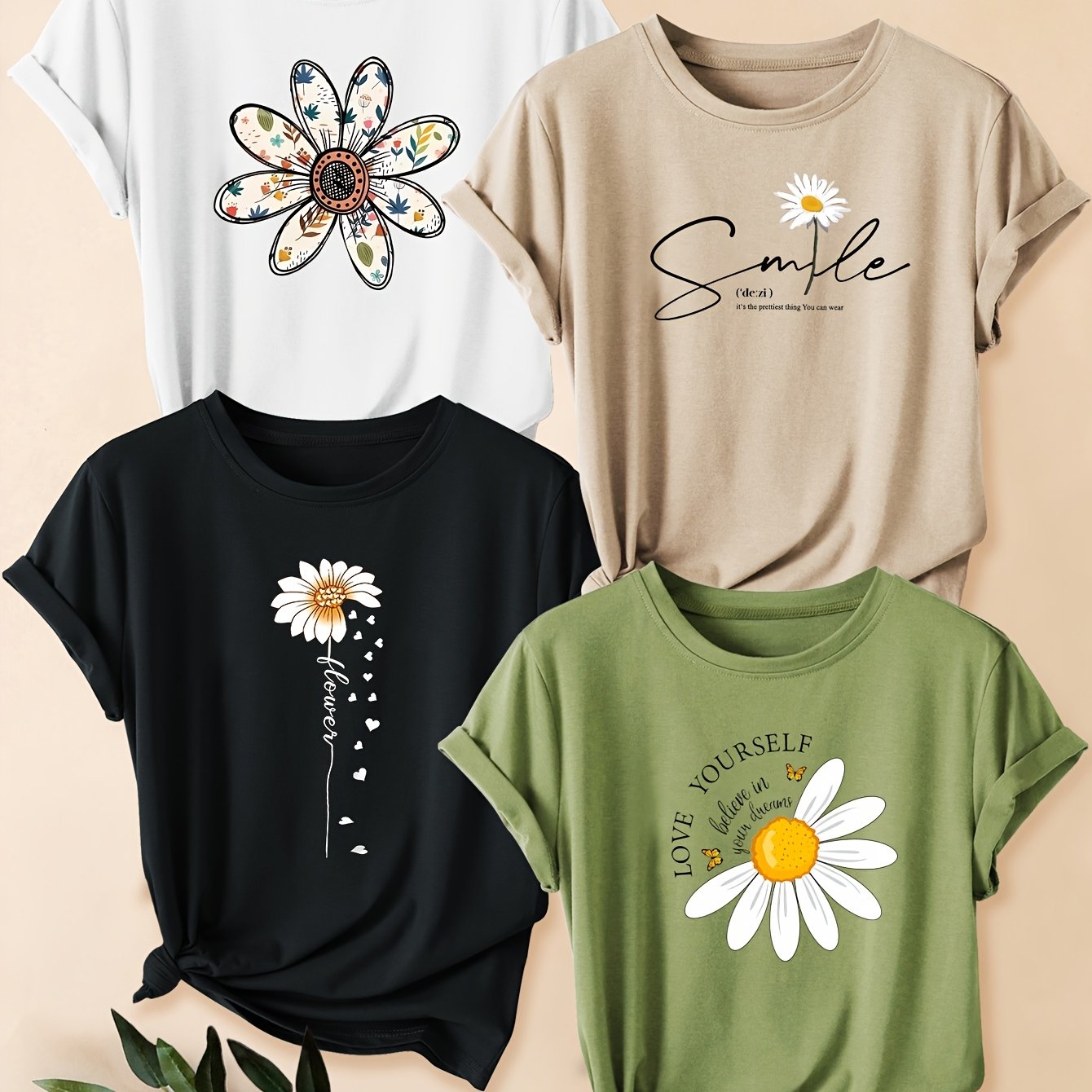 TEMU 4pcs Women's Minimalist Letter Print Short Sleeve Round Neck Loose Fit Casual Summer T-shirt, Fashionable & Vacation Casual Attire Top In