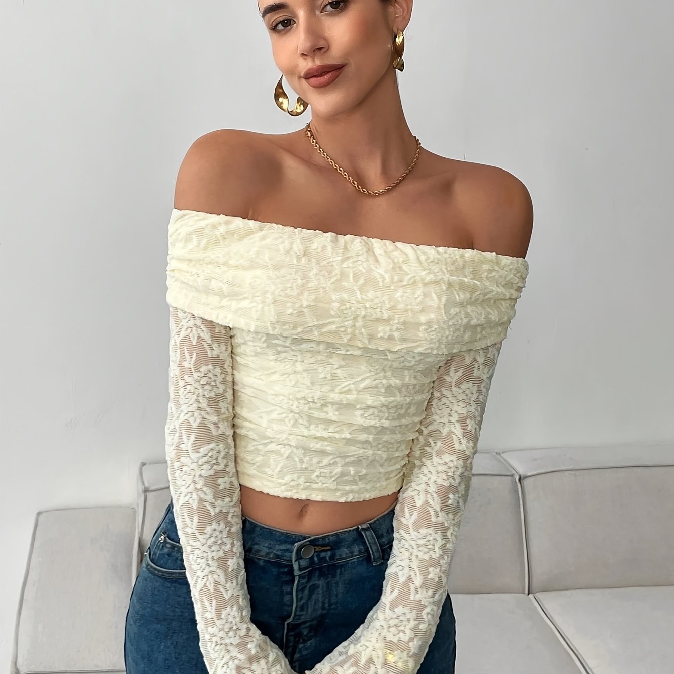 TEMU Women's Off-the-shoulder Crop Top - Long-sleeved Solid Color Versatile Slim-fit Breathable Casual Short Sweater Fashion