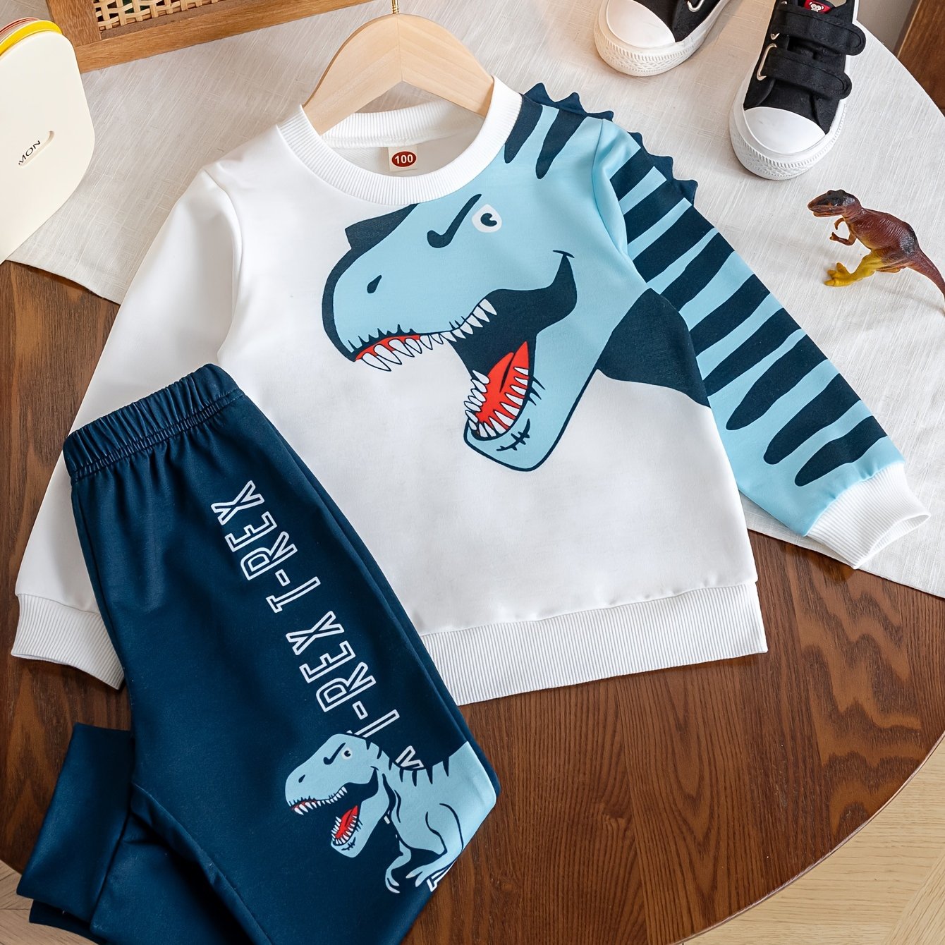 Image of Little Boy Cute Dinosaur Letter Print Long Sleeve T-shirt And Athletic Pants Set, Children Spring Autumn New Casual 2pcs Set, For Outdoor