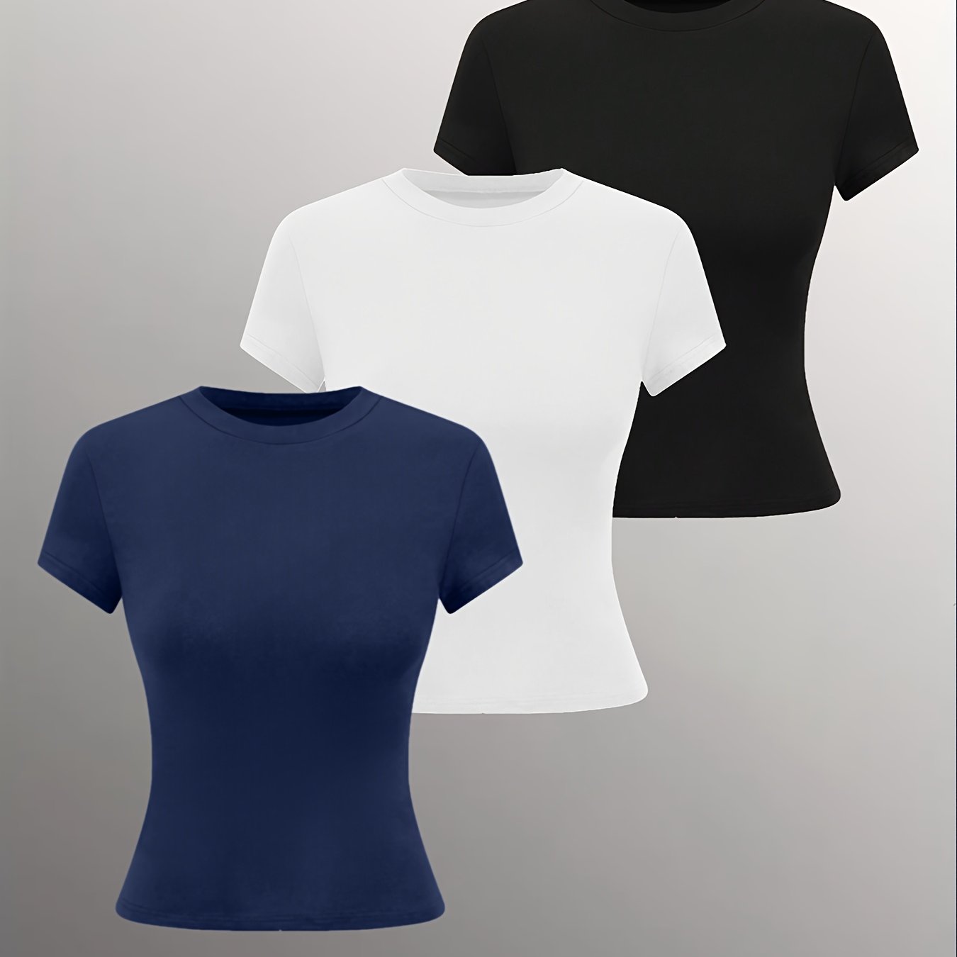 E-shop Sommer-Damenbekleidung, klassisches dreifarbiges Basic-T-Shirt mit Rundhalsausschnitt kurzen Ärmeln, einfarbig, schlicht stilvoll,