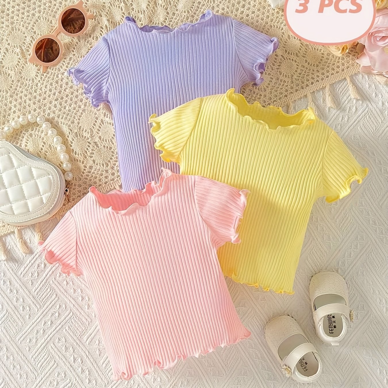 Girls' Summer Round Neck Casual Solid Color T-shirt, 3pcs Ribbed Knit Ribbed Hem Versatile T-shirts, Girls' And , Casual T-shirts, Suitable For And Versatile Outfits, Back-to- Wear