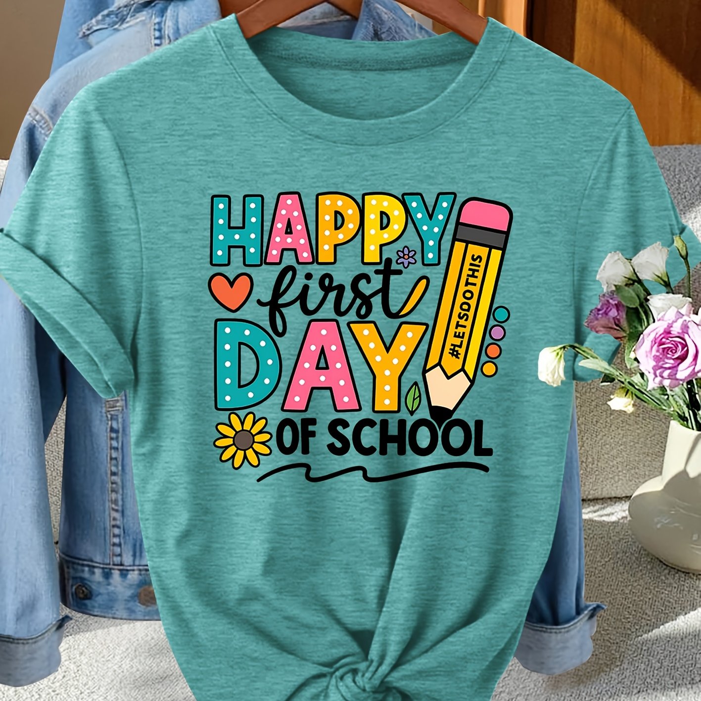 TEMU Women's "happy First Day Of " Short-sleeve T-shirt - Retro Round Neck Blouse With -themed Print, Spring Summer Fall Casual & Back-to- Outfits,