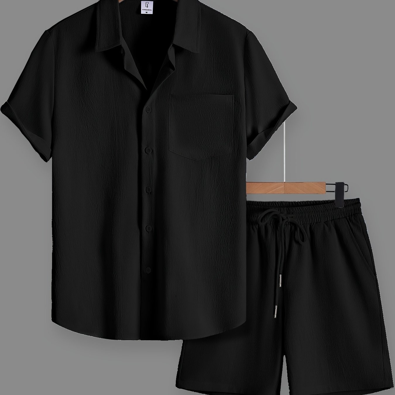 TEMU Men' Color Stretch Washed Wrinkle-free Single Pocket Short Sleeve Shirt And Drawstring Shorts Set