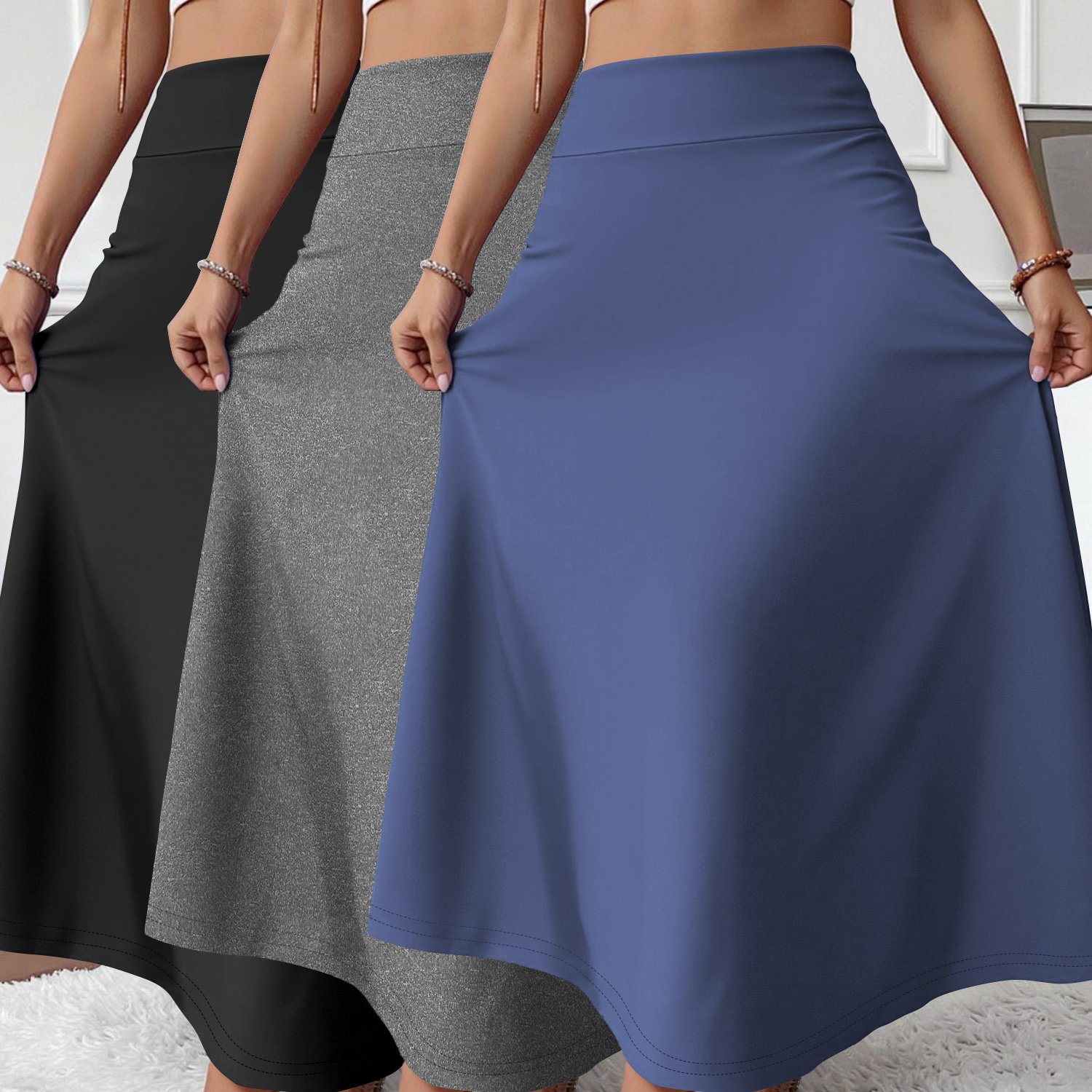 TEMU Recommends Autumn Women's High-waisted Elastic Skirt 3pcs Set, Large Flared Version Hides And , Versatile And , Suitable For Work, Shopping And