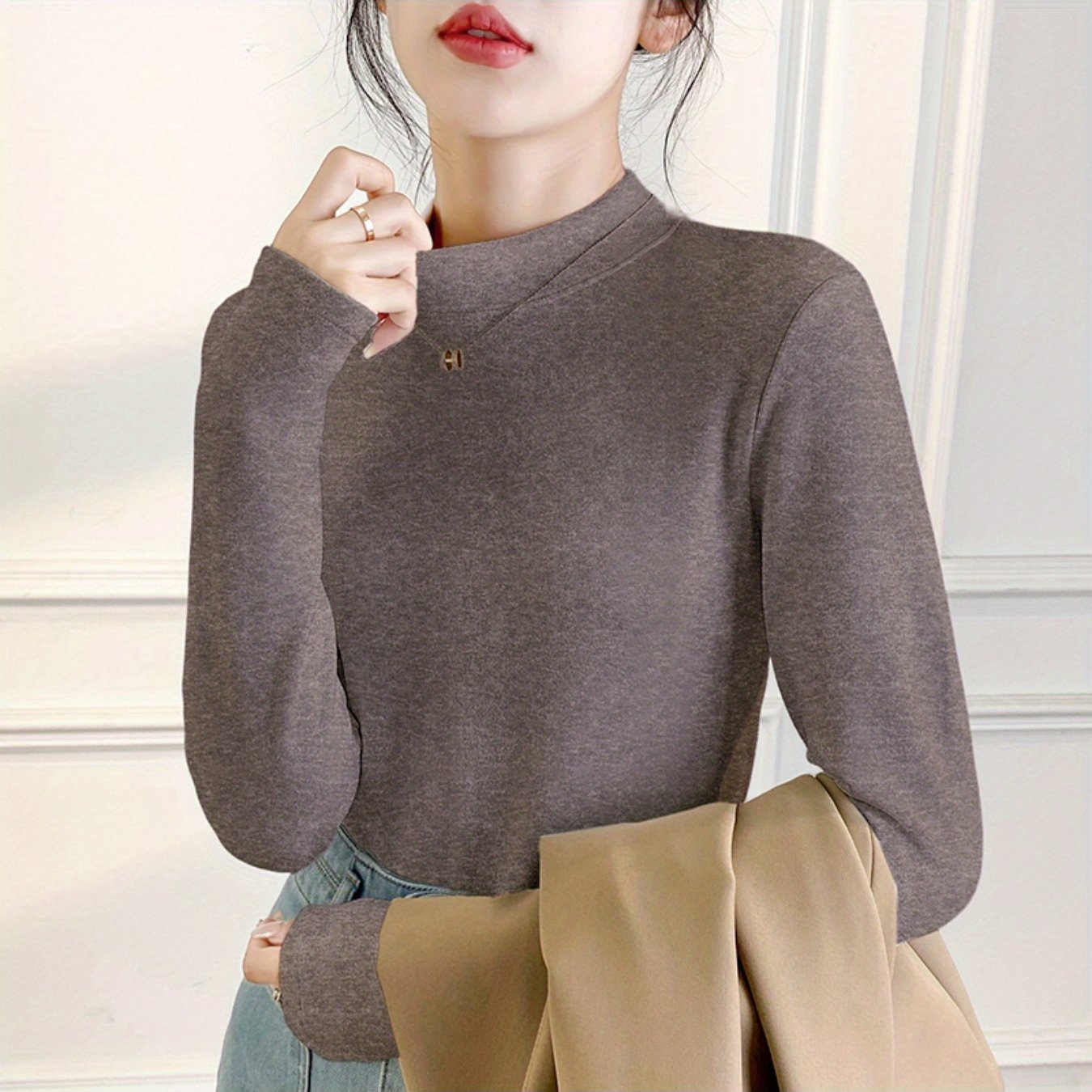 TEMU Half High Collar Base Shirt For Women, 2024 Autumn And Winter New Women's Autumn Clothes With Thick Velvet And Double-sided Brushed Warm Top