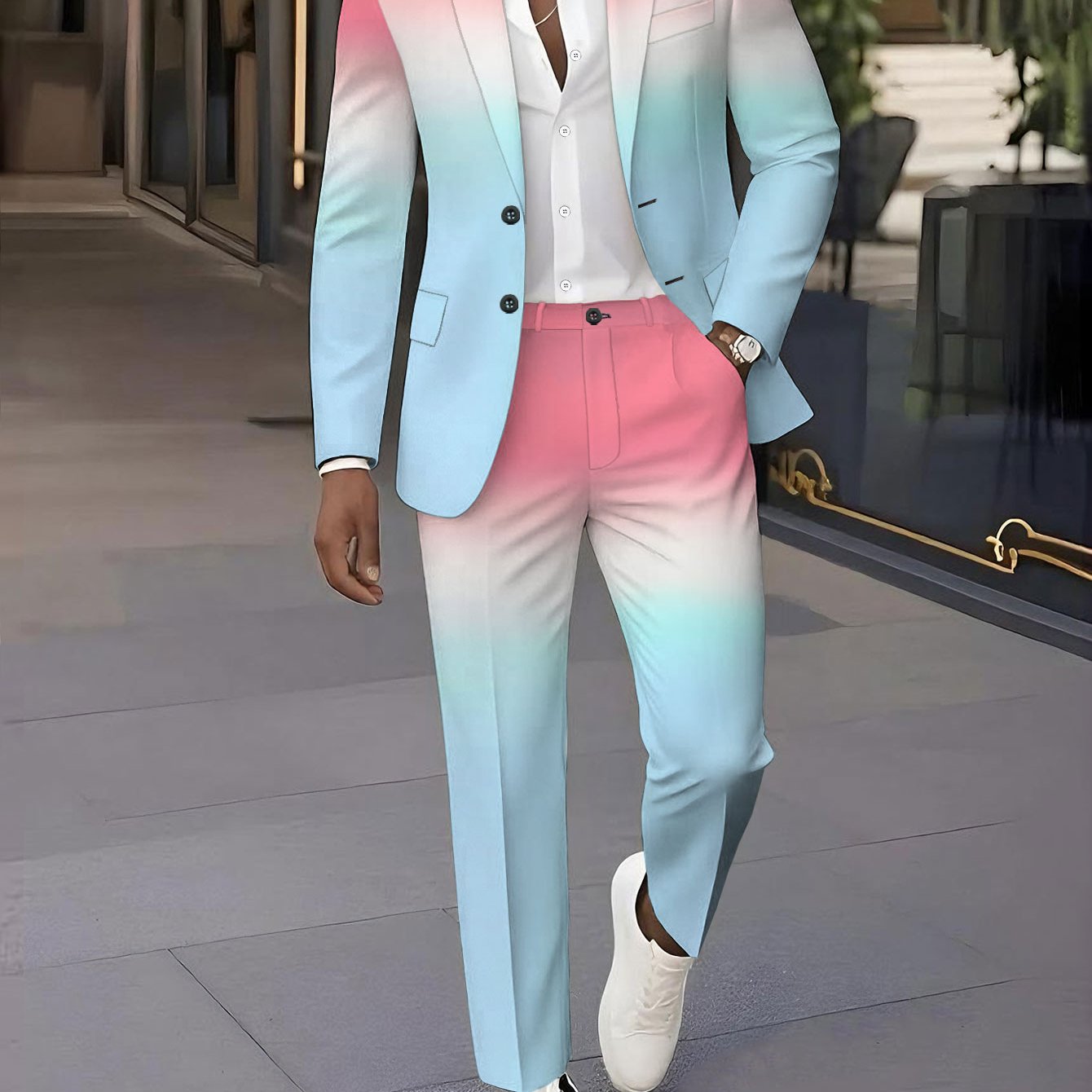 TEMU Men's Suit Set - 2pcs Classic Banquet Wedding Party Formal Dress Suit With Gradient Color Simple Background Design, Fashionable Business Suit