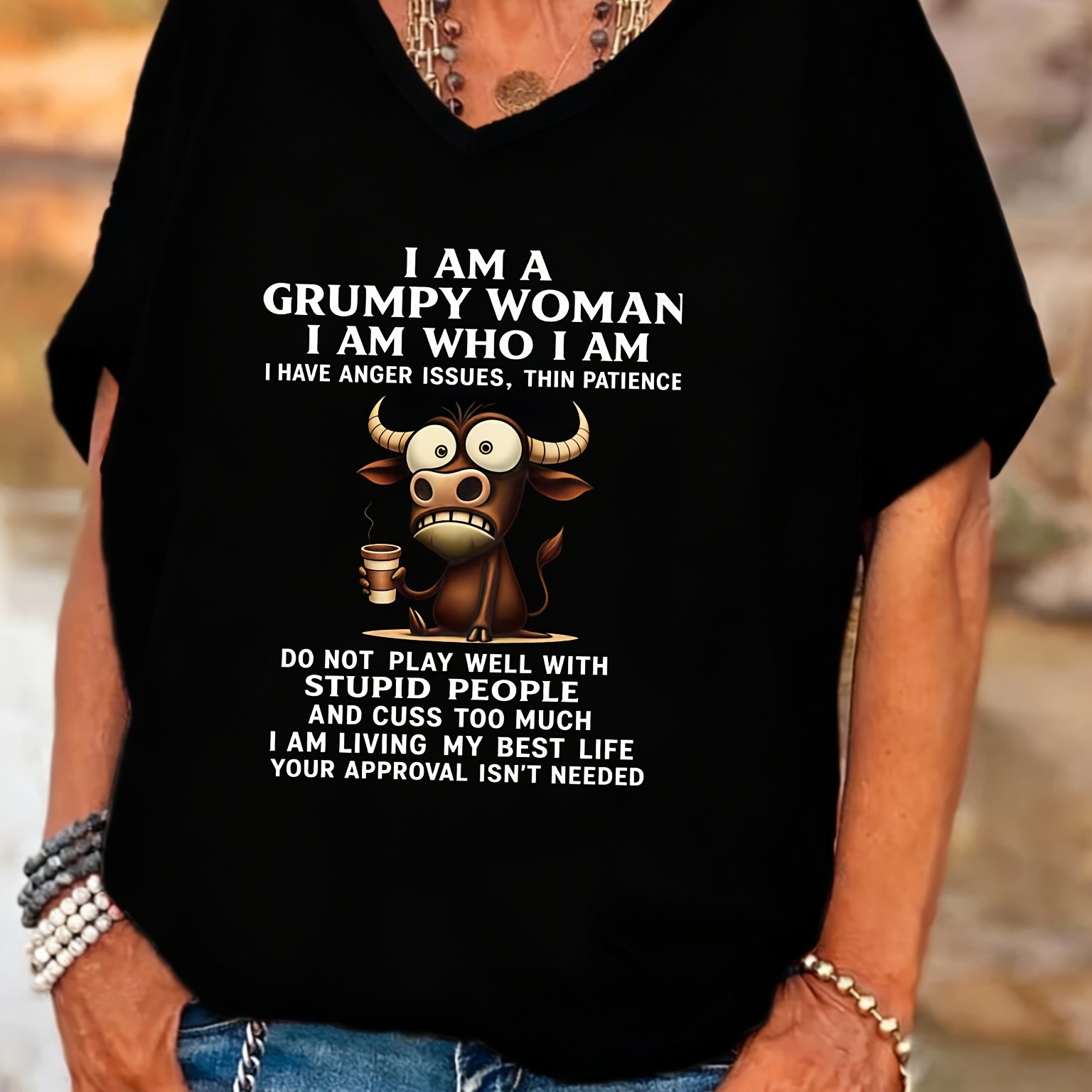 TEMU Plus Size Women's V-neck Batwing Sleeves T-shirt Woman With Bull And Text Statement Graphic Summer Outfit For Her Gift