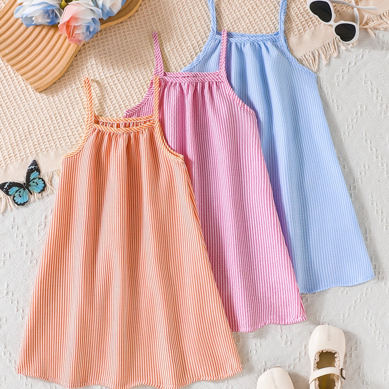 Image of Young Girl Summer Striped Dress, Suitable For Outdoor Beach Vacation Gift For Daughter 3pcs/set, Halloween