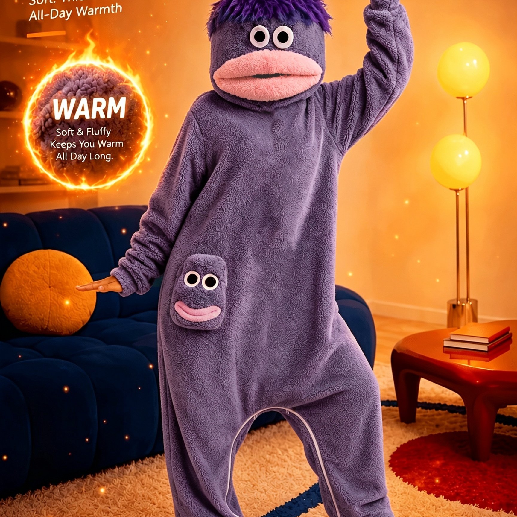 TEMU Funny Cartoon Monster Onesie For Couples, 1pc Pajamas For Women Men Plus Size, Cozy Thick Warm Hooded Loungewear, Halloween Christmas Costume