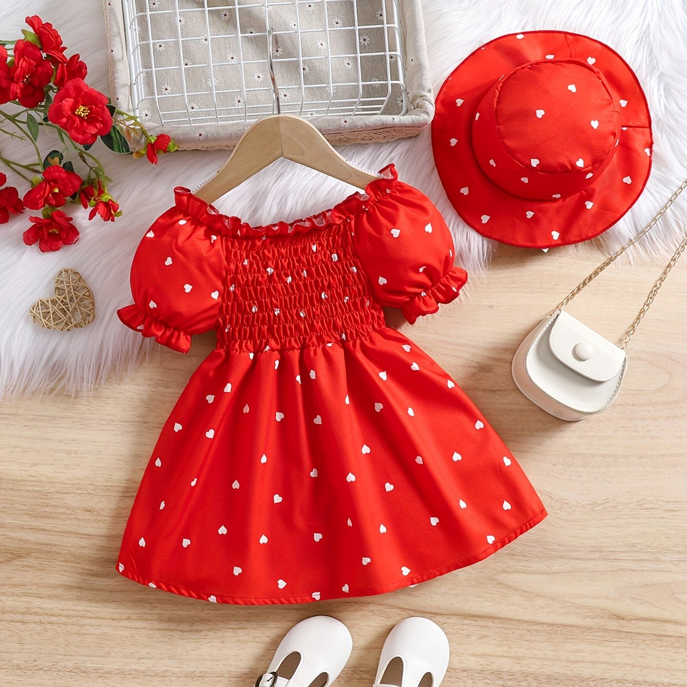 Sweet Two-piece Set For Girls Aged 0-3, Heart Bubble Sleeve Dress With Drawstring , Includes A Cute Hat, Suitable For Summer
