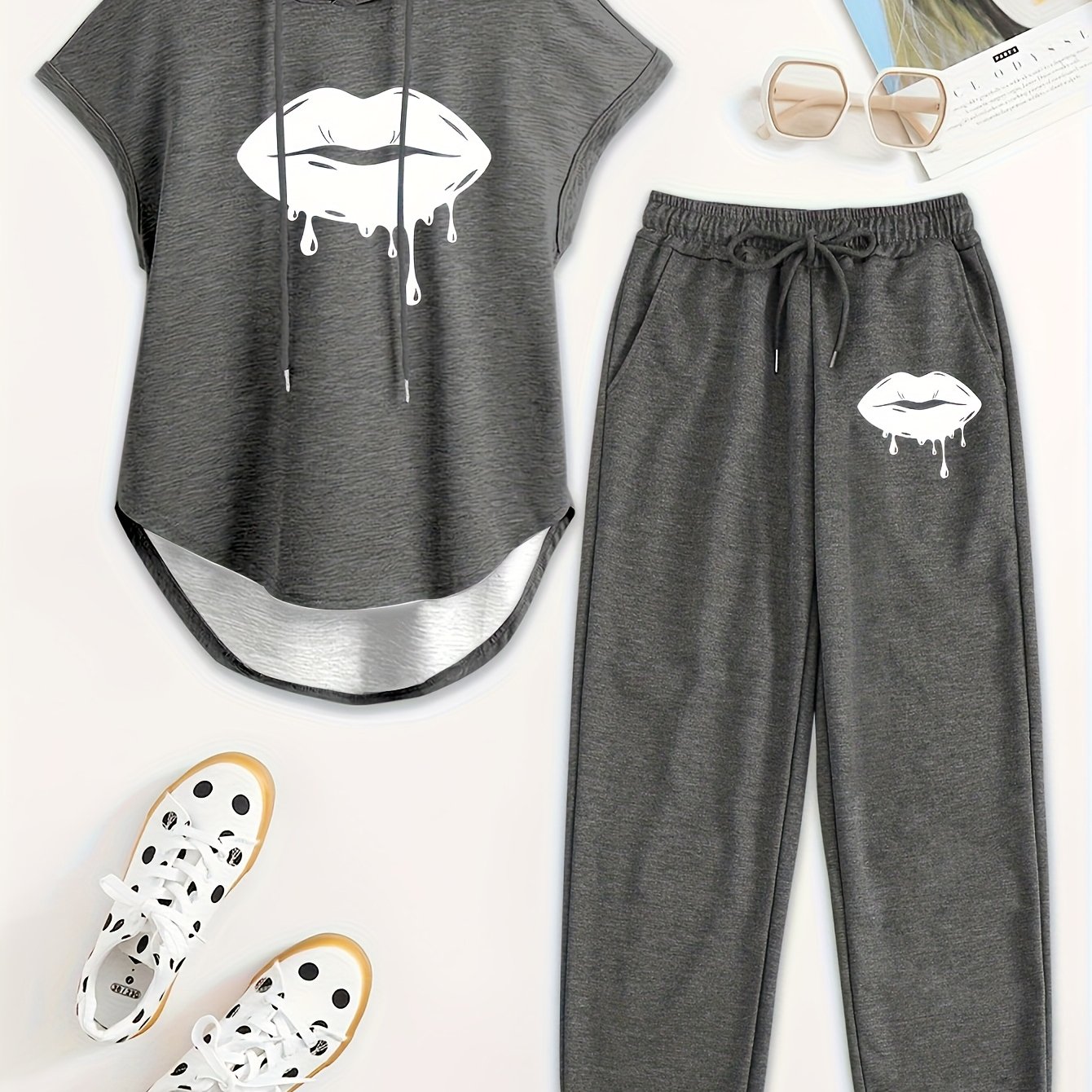 TEMU Summer Outfit For Women Featuring A Sleeveless Hooded Top With Drawstring And Letter Print, With Casual Elastic Waist Pants