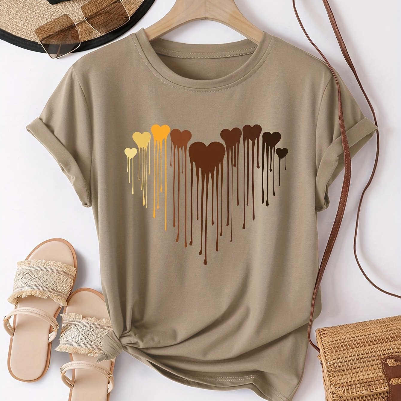 European And American Round Neck Loose Fit Versatile Casual Spring/summer Short Sleeve T-shirt With Gradient Heart Pattern Women's Top