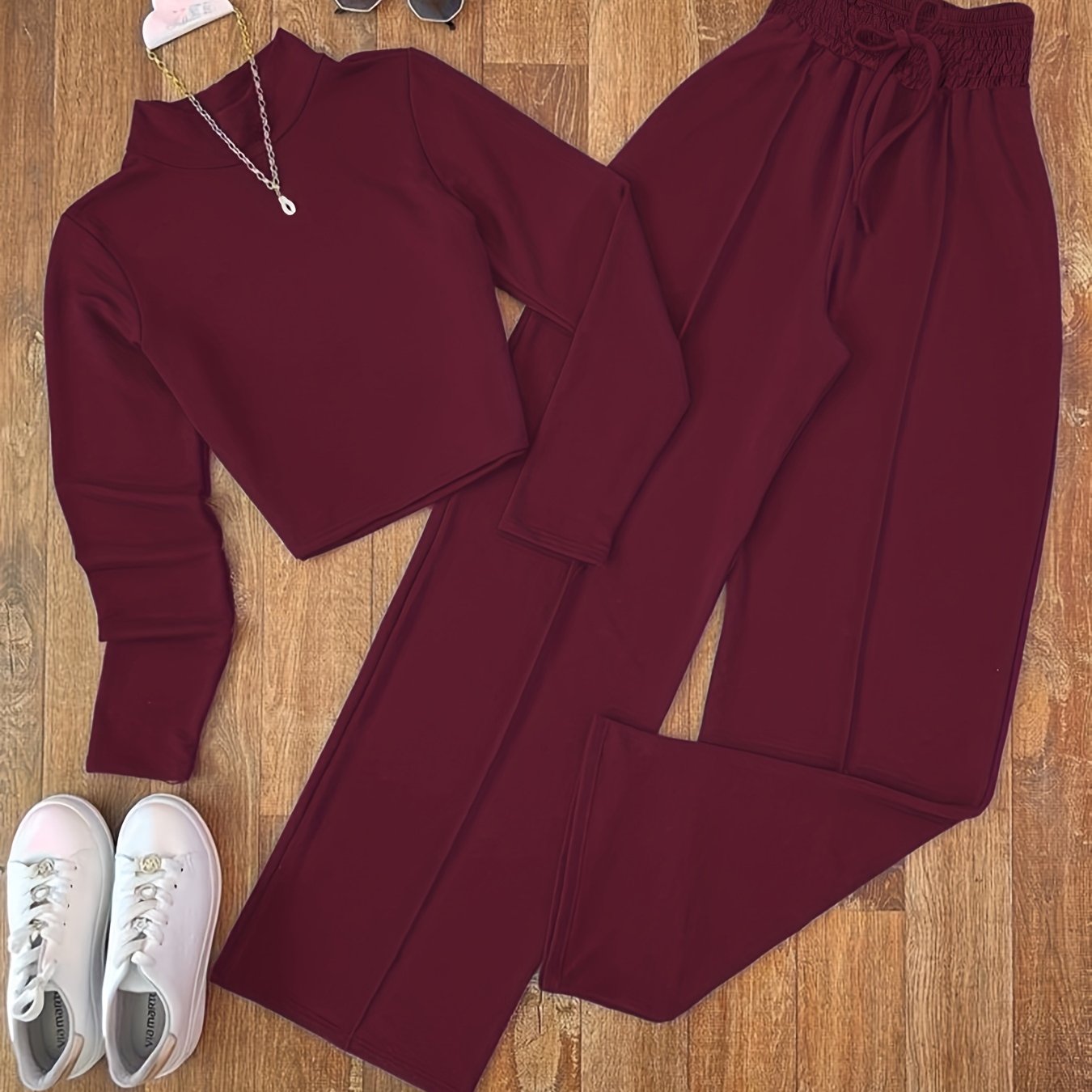 E-shop Damen Y2K Casual Elegant, Tiefrot Eintätiger Kurzarm Oberteil und High-Waist Wide-Leg Freizeithose, 2-teiliges Set